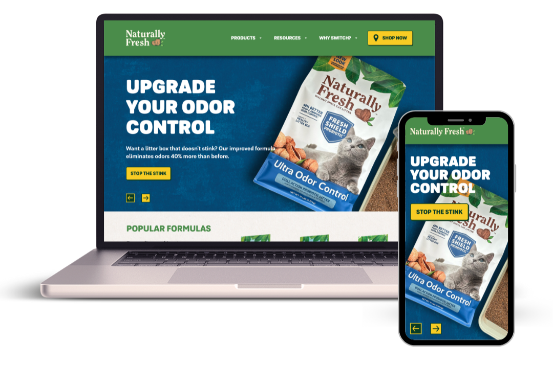 E-commerce website for Naturally Fresh pet odor control, displaying a product package with a cat, the website on a laptop, and a mobile phone interface showcasing the same product and motto.