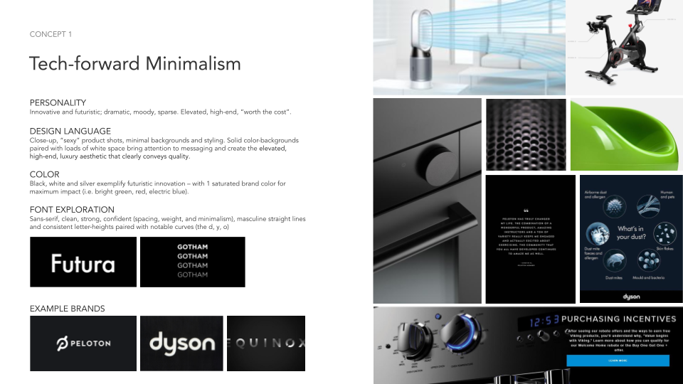 A collage of images showcasing modern home technology, including a bladeless fan, an exercise bike, black hardware, textured surfaces, a sleek green object, and digital controls with branding from Peloton, Dyson, and Equinox.