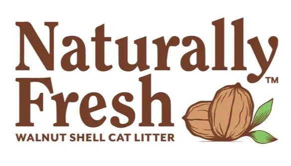 Logo for Naturally Fresh Walnut Shell Cat Litter, featuring text and an illustration of a walnut with green leaves.