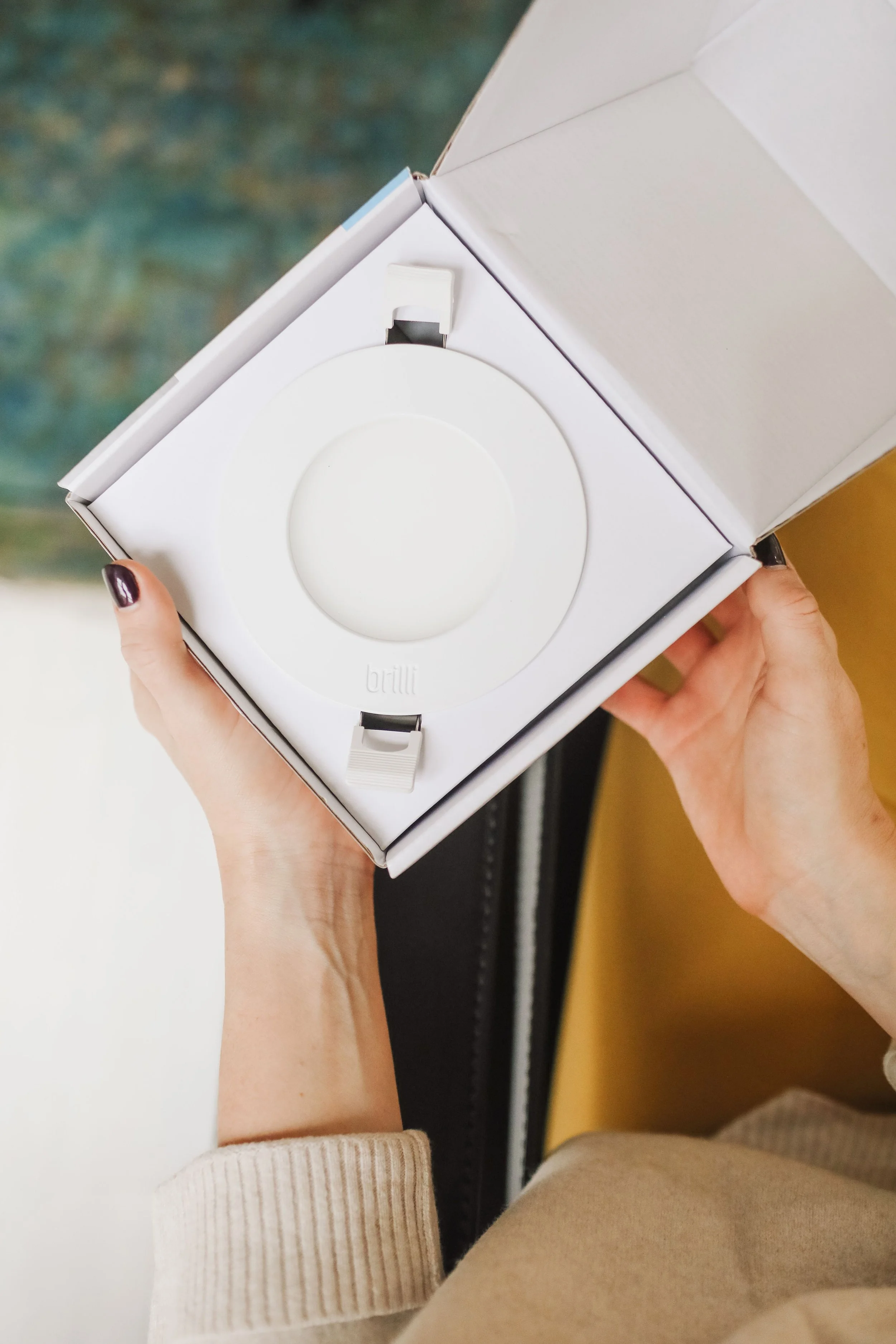 Person holding a white box containing a circular device with the brand name 'brilli' on it.