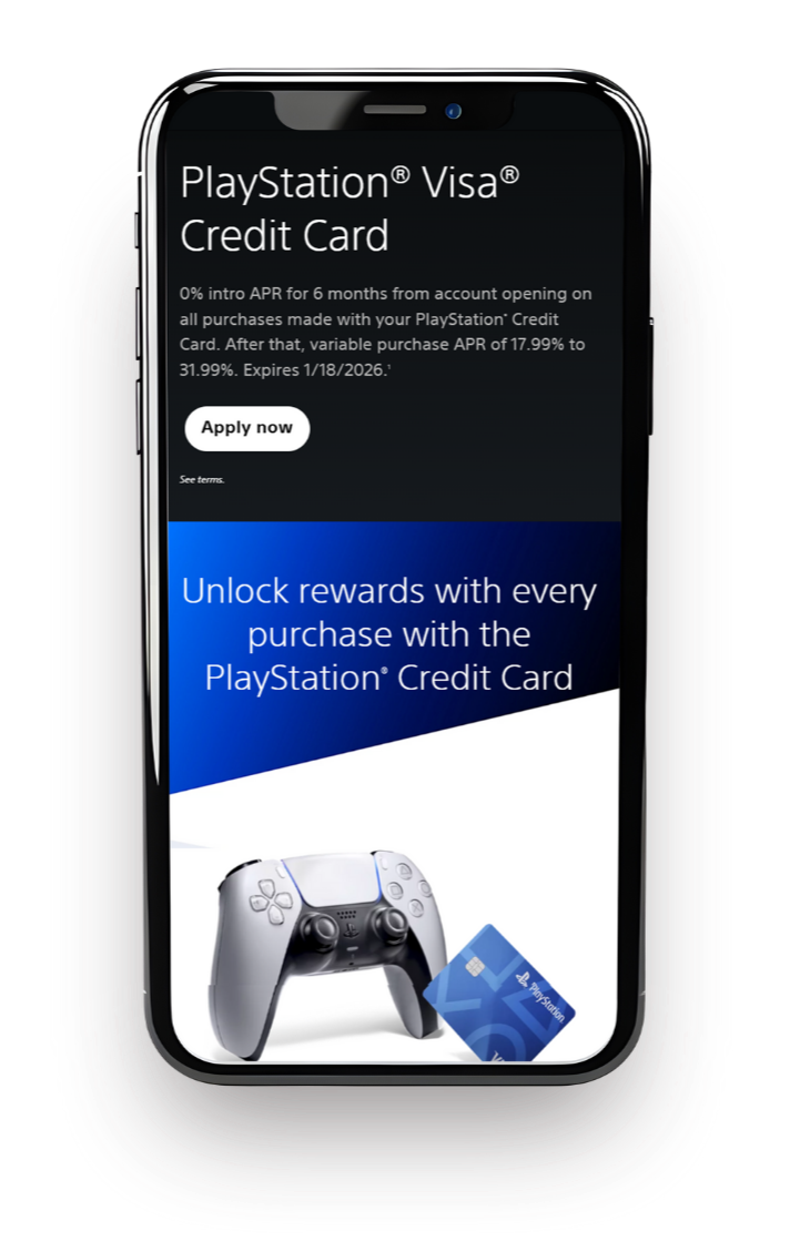 Smartphone displaying a PlayStation Visa credit card offer with a PlayStation controller and credit card image on the screen.