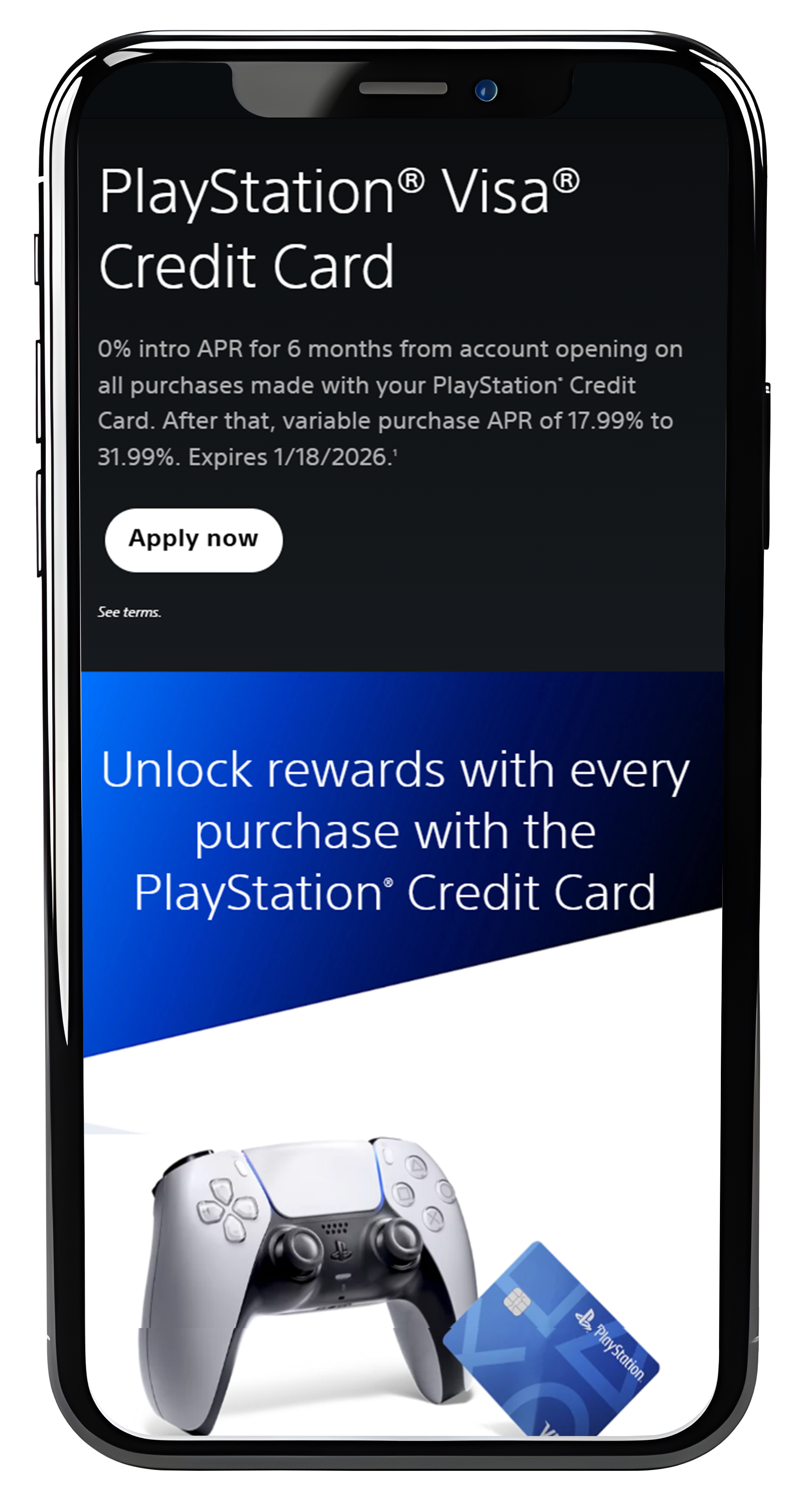 A smartphone screen displaying a PlayStation Visa credit card promotion. The screen shows an offer for 0% APR for six months, with an apply button and text about earning rewards with purchases. The image also features a PlayStation 5 controller and a PlayStation Visa card.
