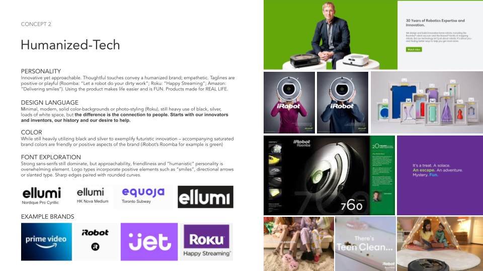 Two pages of a marketing brochure for humanized-tech products. The left page discusses personality, design language, color, font exploration, and example brands like ellumi, eqawa, and ellumi, with product brand logos. The right page features images of robotic products, a man in a suit, and children cleaning floors with robotic vacuums, along with a green and purple color scheme and text highlighting robotics expertise and innovation.