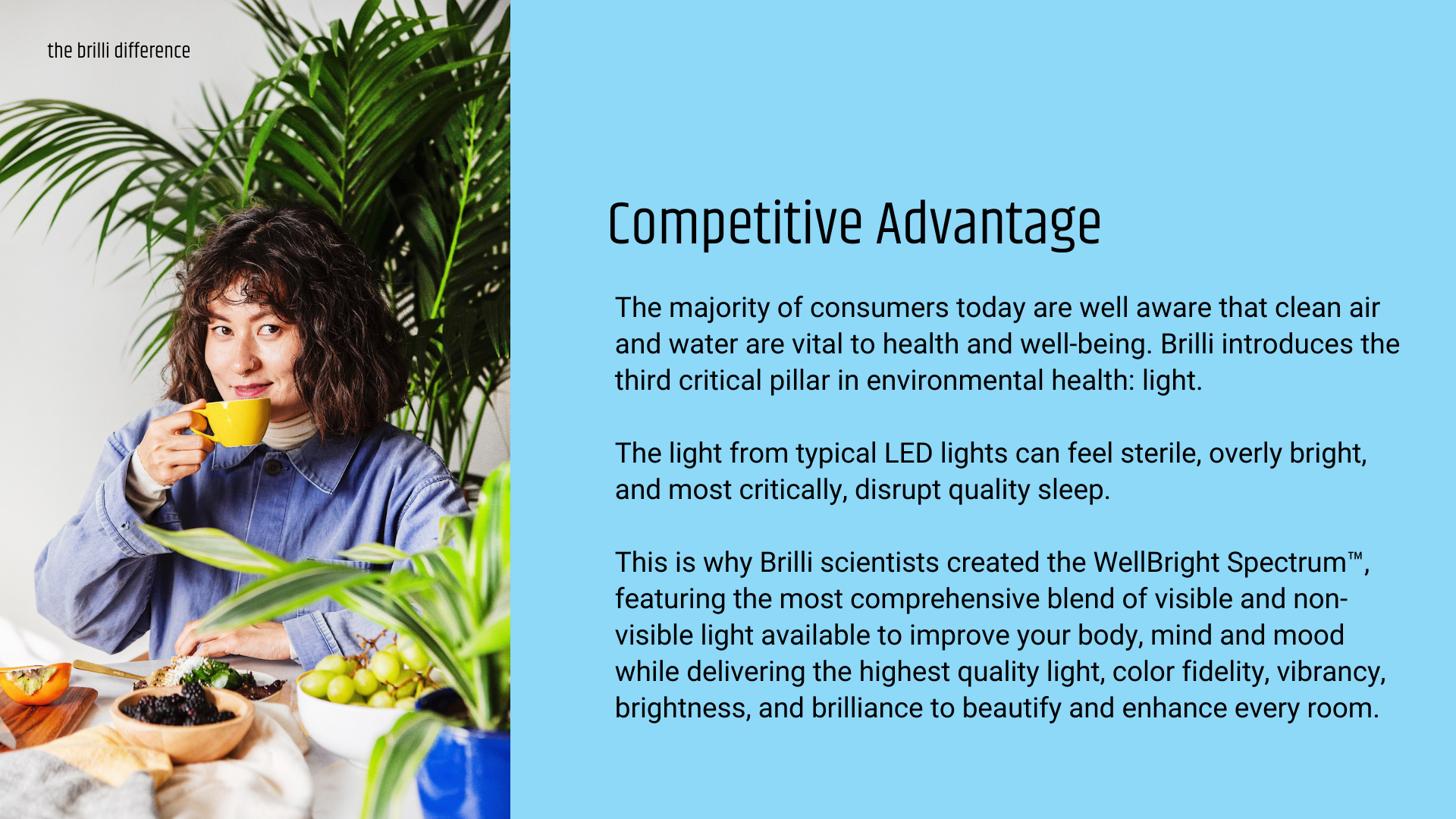 A woman with curly hair and a blue shirt is sitting at a table, holding a yellow cup, with a spread of food and green plants around her, next to a blue panel with text about competitive advantage and environmental health.