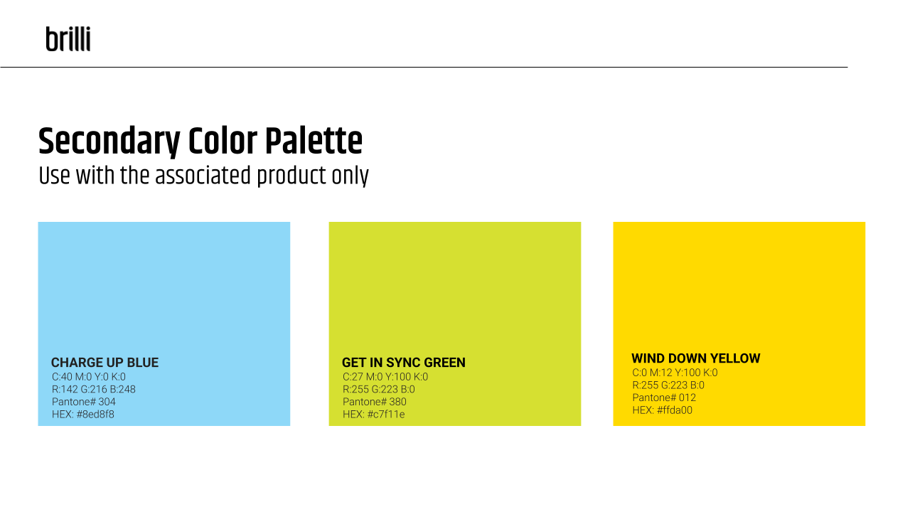 Digital image showing three color palette options labeled 'Charge Up Blue,' 'Get in Sync Green,' and 'Wind Down Yellow,' with their respective color codes and names