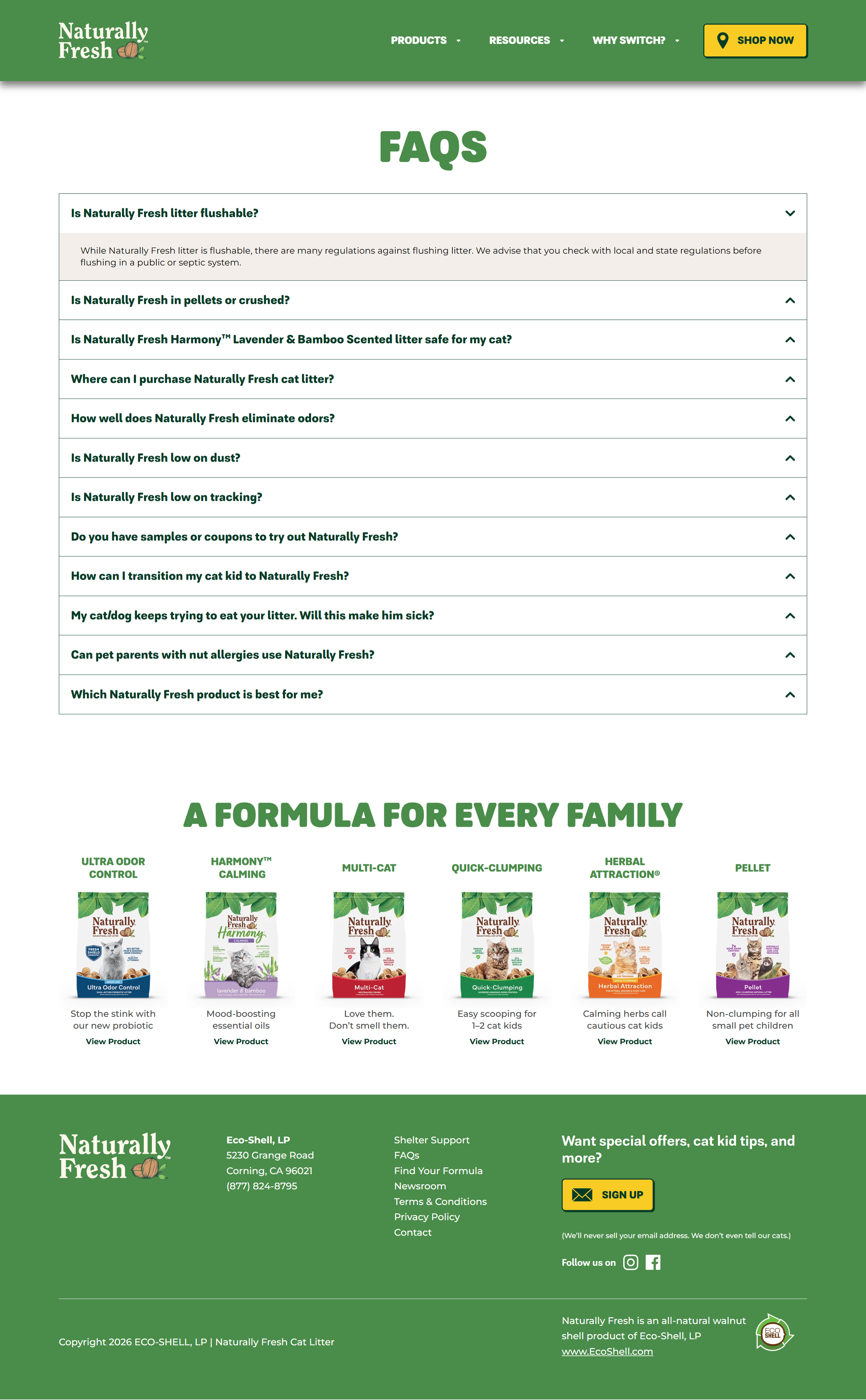 Screenshot of a website FAQ page for Naturally Fresh cat litter, featuring questions about litter flushability, pellets, scents, purchasing, odor control, tracking, and cat health. Below are images of various Naturally Fresh cat litter products with their descriptions.