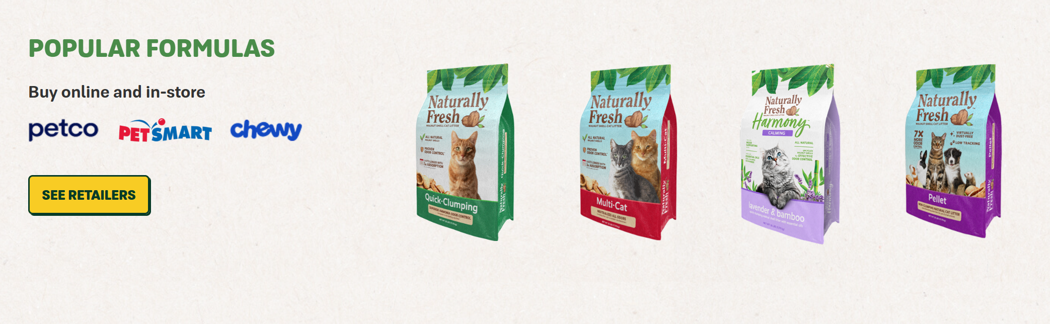 Advertisement for Naturally Fresh cat litter with four different varieties in colorful packaging, alongside logos of pet supply stores Petco, PetSmart, and Chewy, and a yellow button labeled 'See Retailers'.