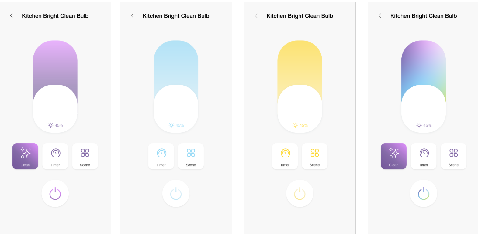 Screenshots of a smart light bulb app interface showing different color settings: purple, blue, yellow, and a multicolor gradient, each with a brightness level at 45% and options for 'Clean', 'Timer', 'Scene', and a power button.