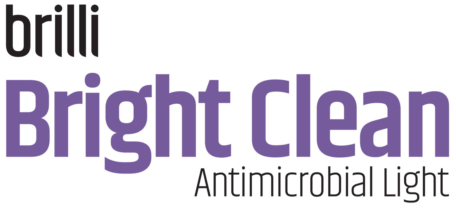 Logo with the text 'brilli BrightClean Antimicrobial Light' in purple and black
