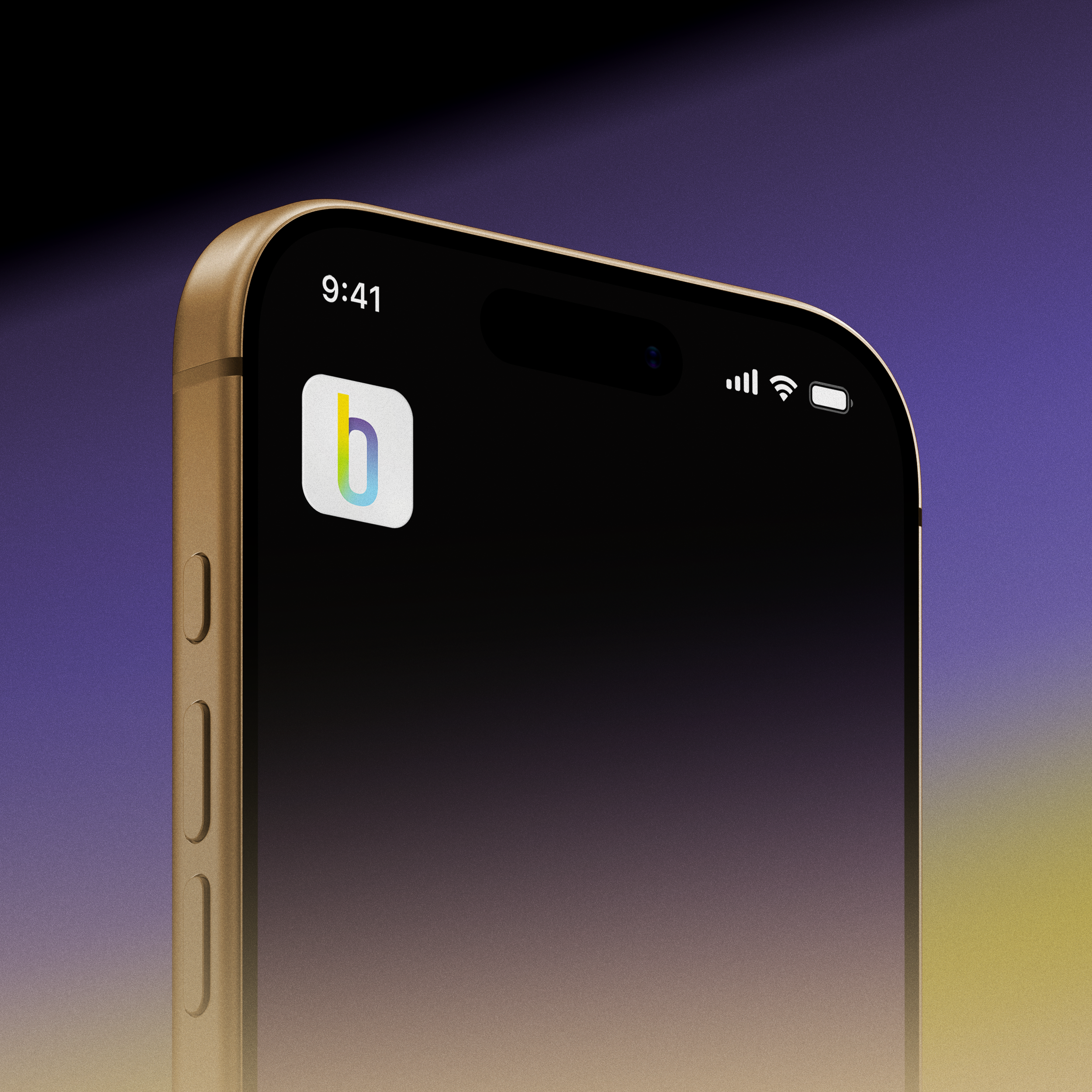 Close-up of a gold iPhone with a black background screen, showing the time as 9:41 and a colorful app icon in the top left corner.