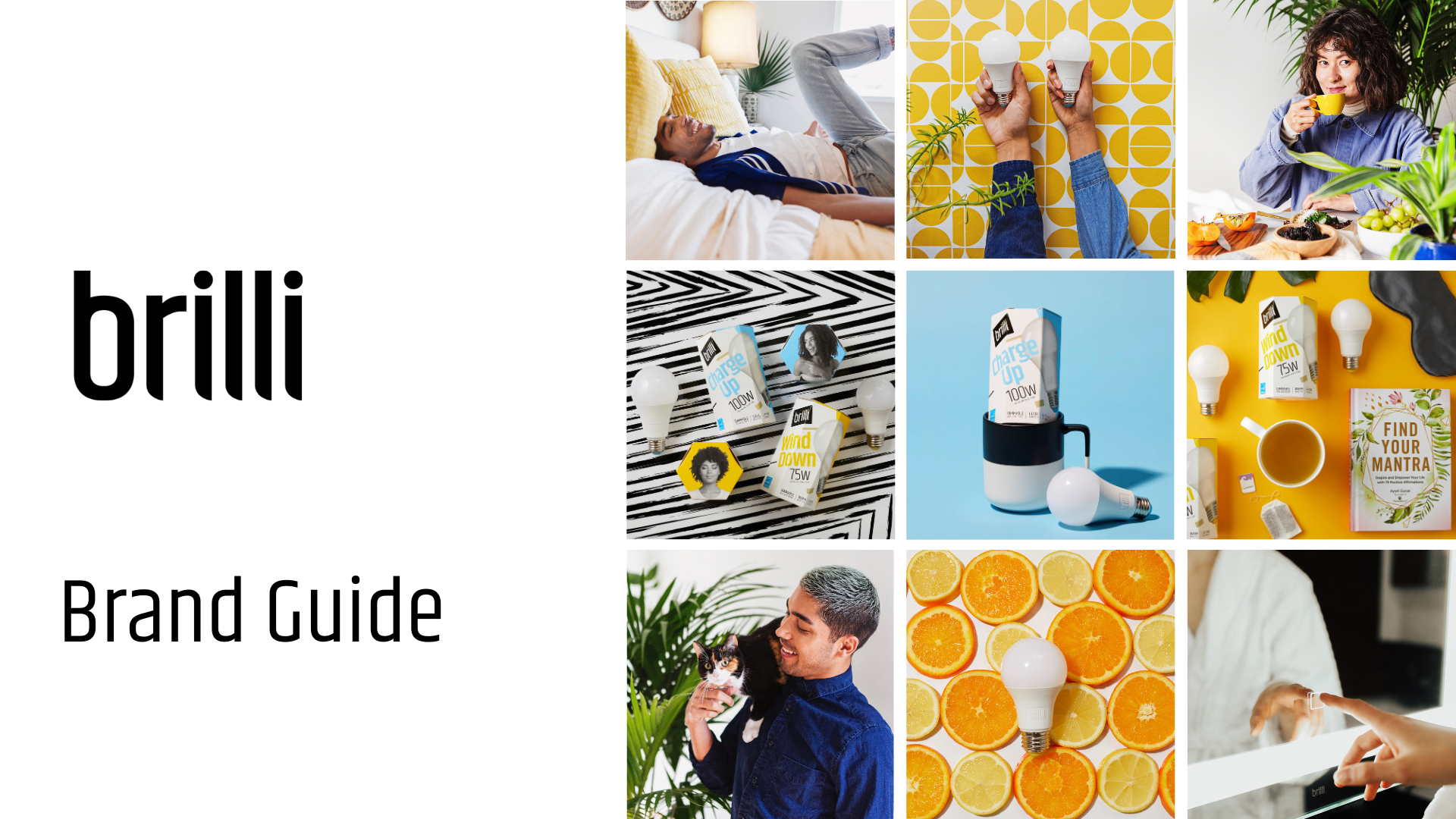 Collage of images related to Brilli brand, including people relaxing, eating, and using light bulbs, as well as product packaging and colorful backgrounds.