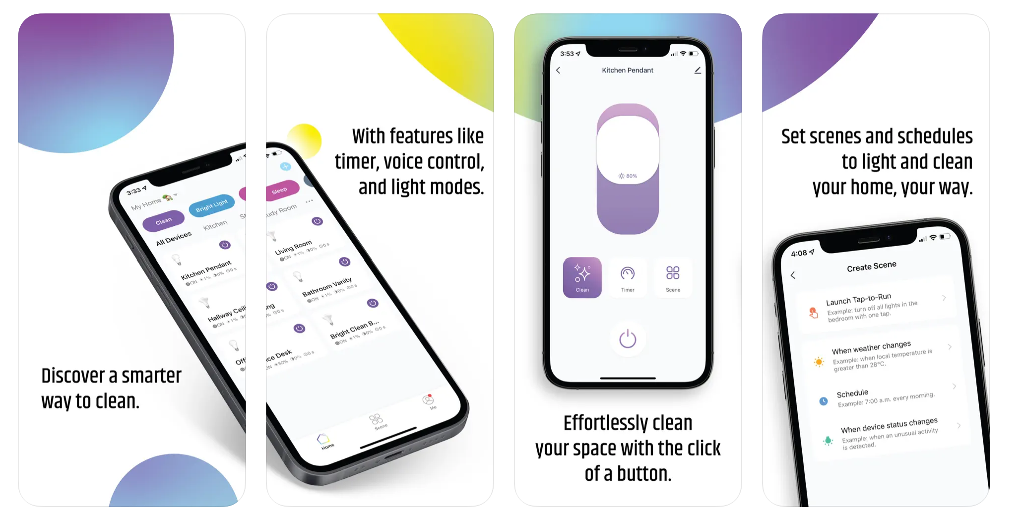 Screenshots of a smartphone app for smart home lighting control, showing features such as scheduling, scene creation, and lighting adjustments with colorful abstract background.