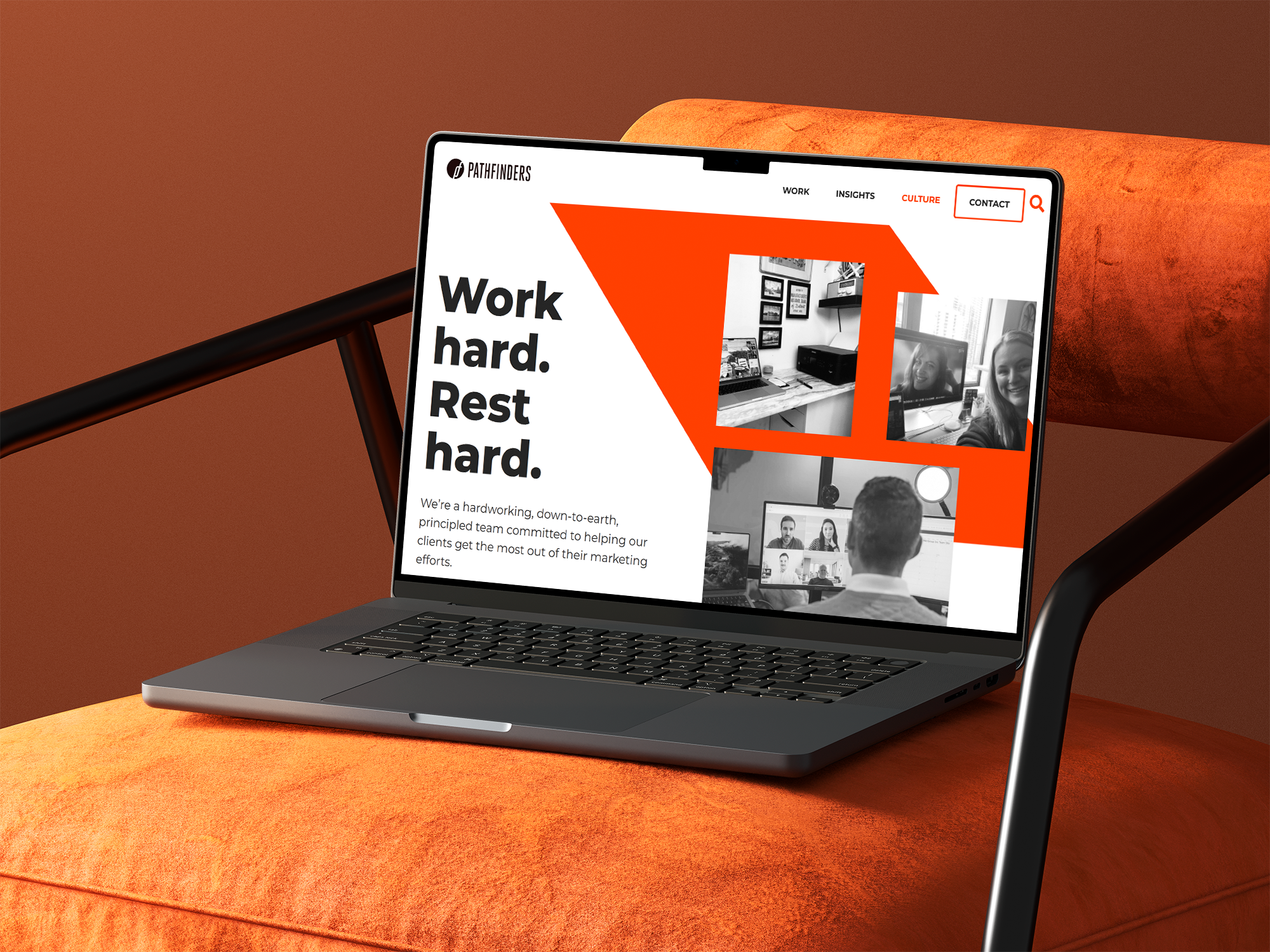 A laptop on an orange couch displaying a website with the title 'Work hard. Rest hard.' and photos of people in a virtual meeting.
