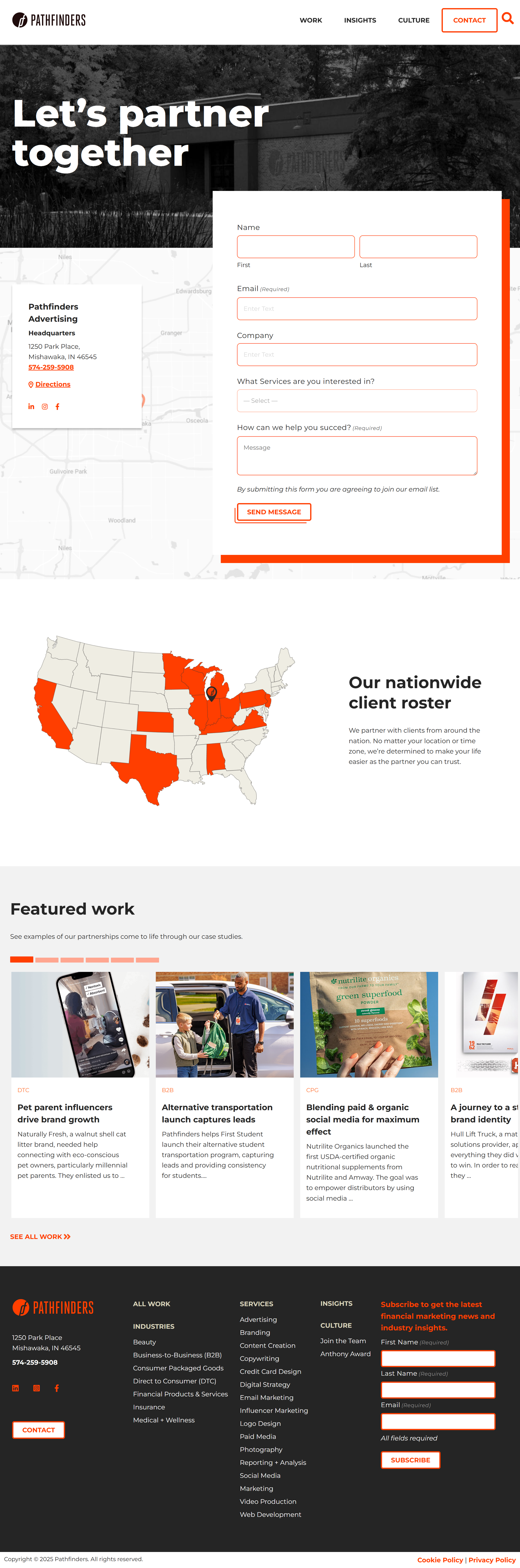 Screenshot of Pathfinders website homepage showing contact form, map, client roster map, featured work images, and footer with contact information and newsletter subscription.