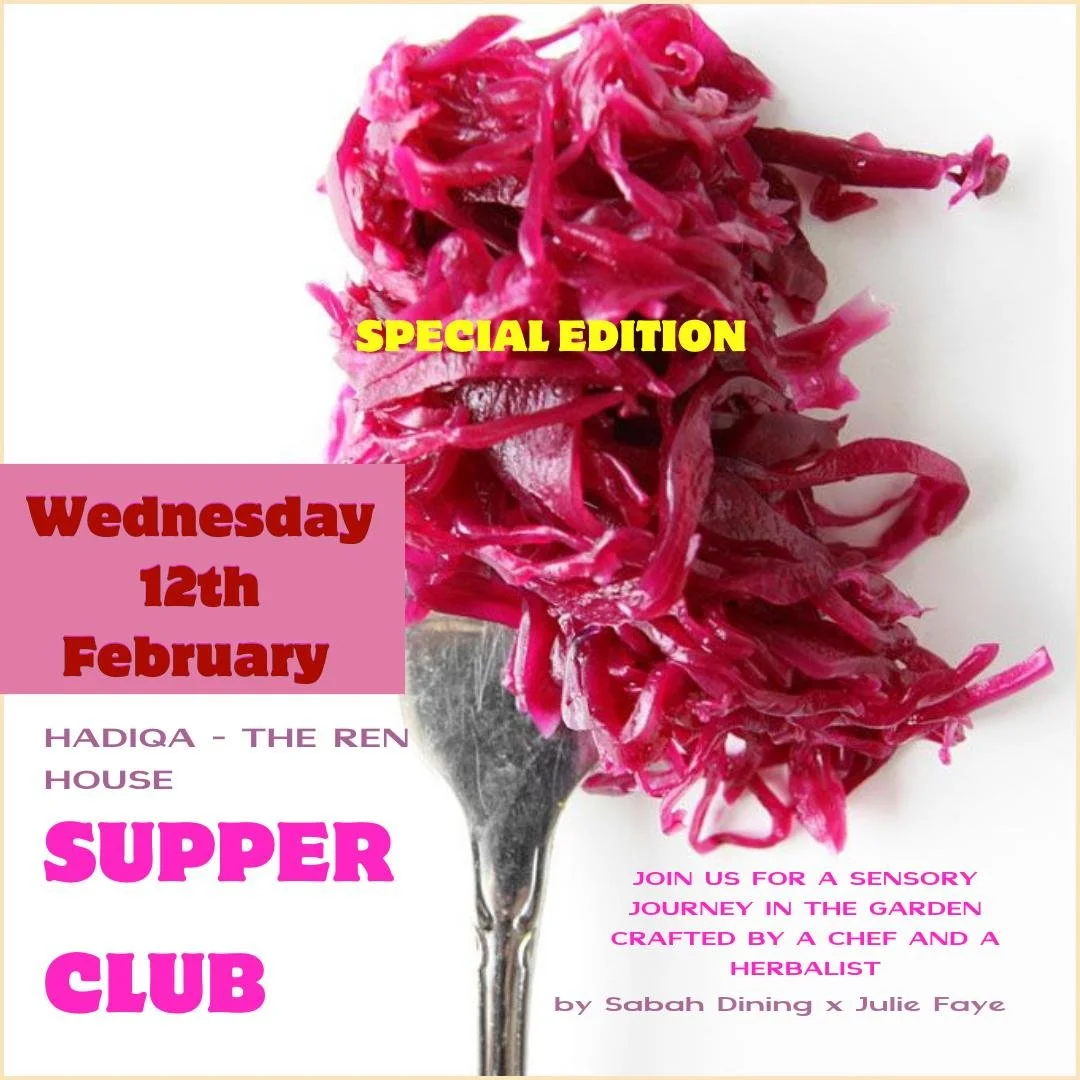 A promotional flyer for a dinner event featuring pink shredded cabbage on a fork, with text overlay about the event date, location, and theme.