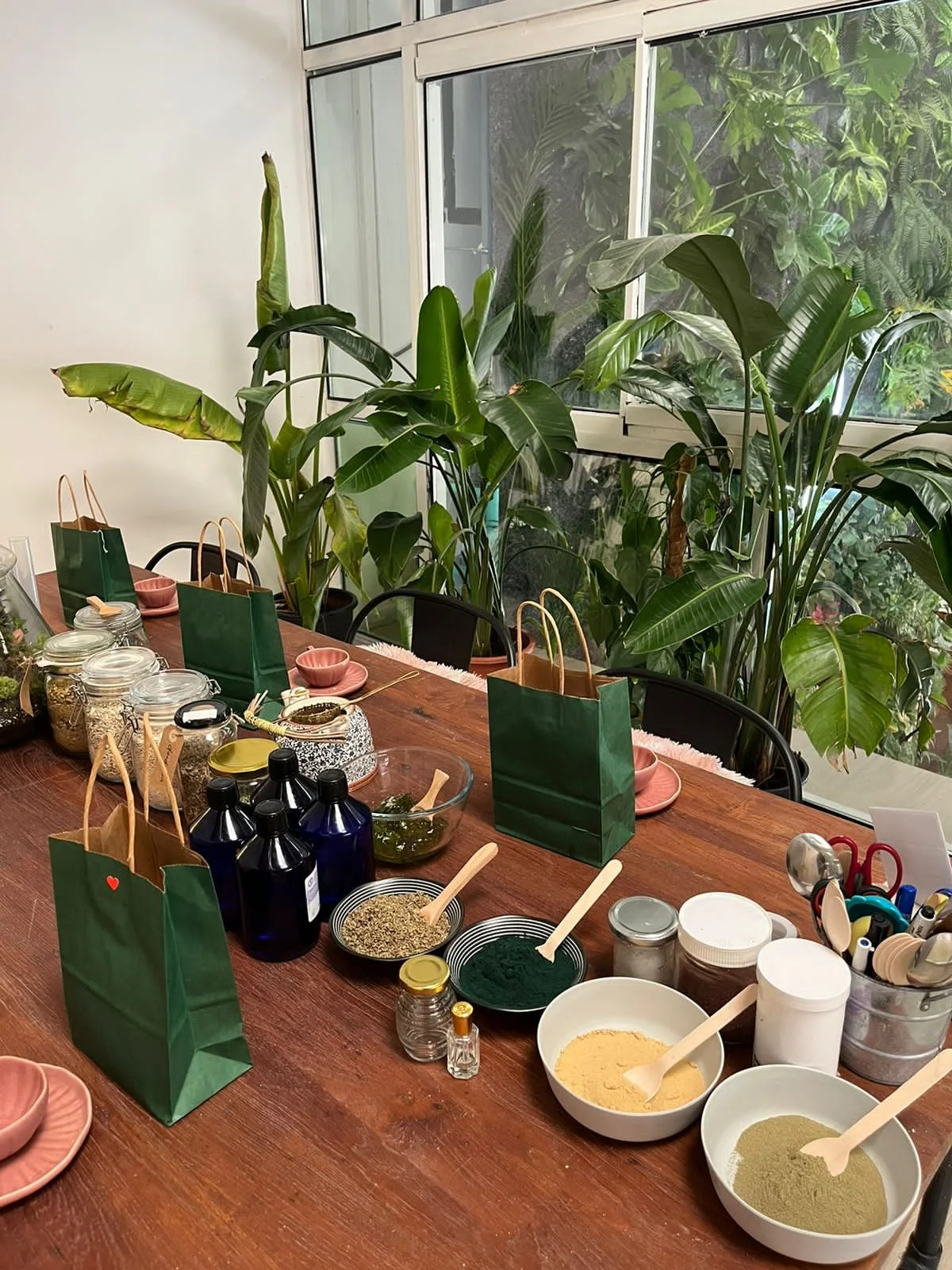 A wooden table set with various jars, bottles, bowls, and utensils, surrounded by large green plants near a window.