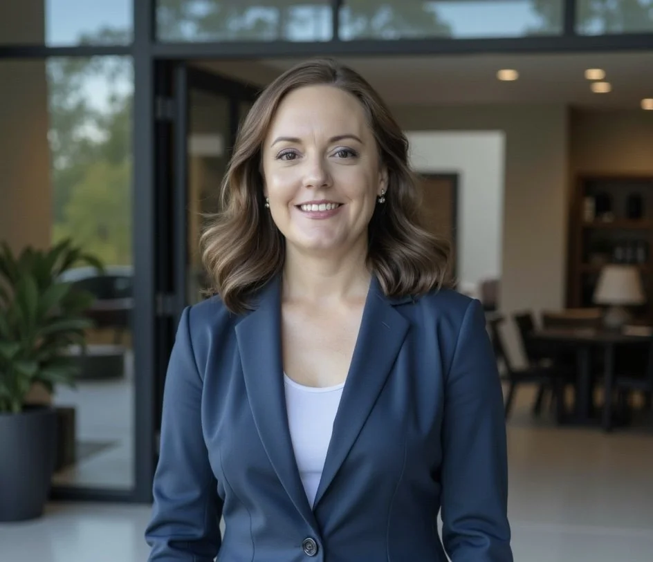 A woman with shoulder-length brown hair in a blue blazer and white top, smiling indoors near a large glass door.