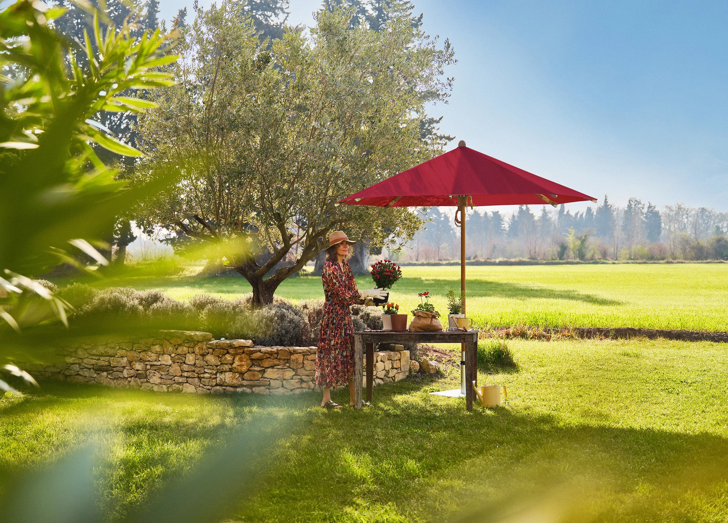 Frau beim Pflanzen von Blumen in einem Garten mit grünem Rasen, Bäumen und einem roten Sonnenschirm im Hintergrund.