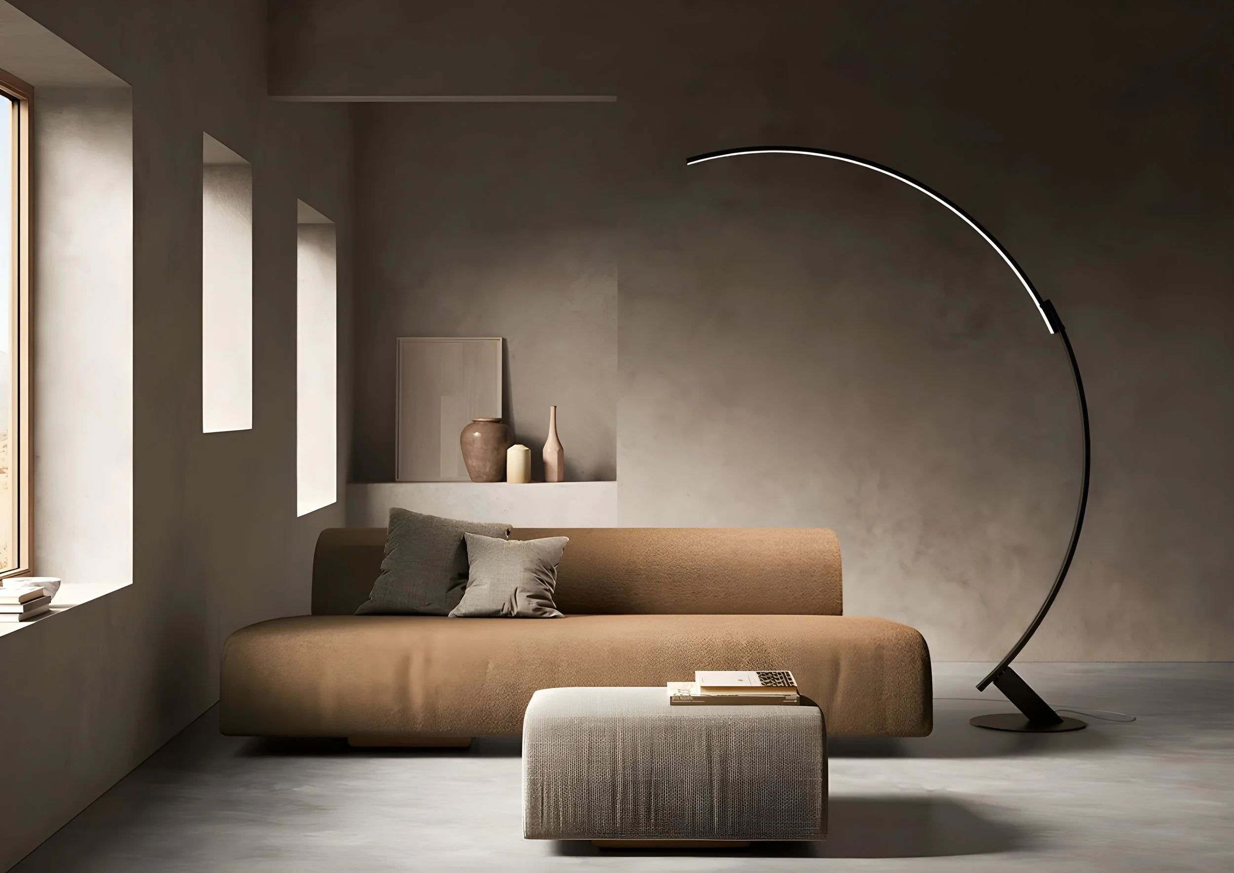 Moderner Wohnraum mit beige Couch, Kissen, Stehlampe, Vasen auf Wandnische, Bilder an Wand, Fenster auf linken Seite, dezente Beleuchtung.