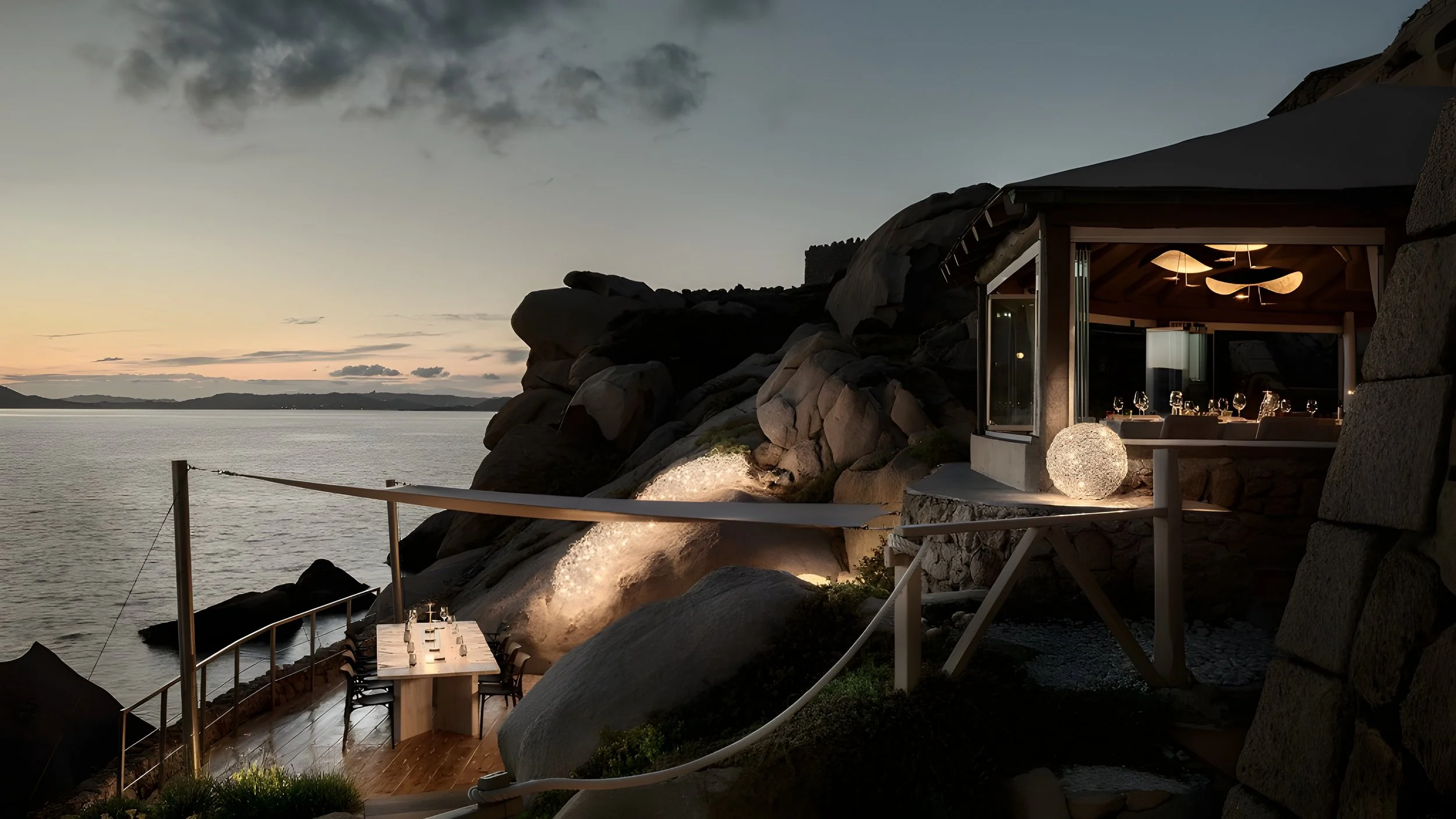 Ein modernes Restaurant mit großen Fenstern, das an einer Felswand am Wasser gebaut wurde. Es ist Abend, und im Restaurant sind gedeckte Tische mit Weingläsern. Das Meer und ein Sonnenuntergang sind im Hintergrund sichtbar.