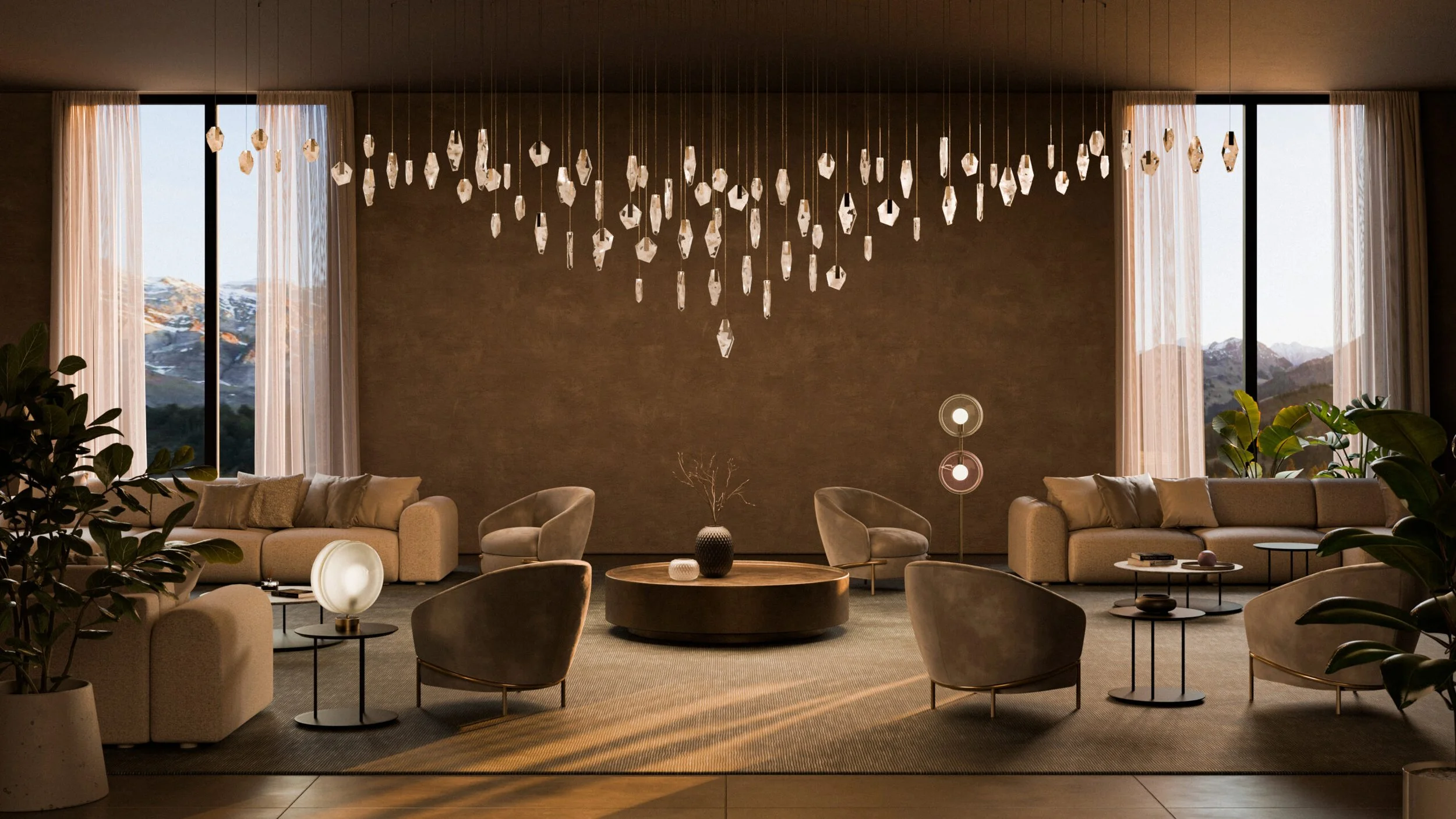 Elegantes Wohnzimmer mit moderner Beleuchtung, großen Fenstern mit Bergblick, bequemen Sofas und Pflanzen.