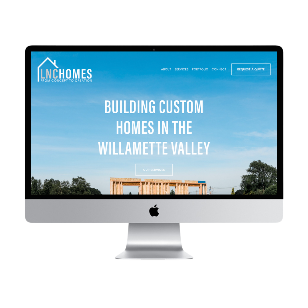 Screenshot of a website for LN Homes, showing a construction site in the background with a partly built wooden structure and the text 'Building custom homes in the Willamette Valley.'