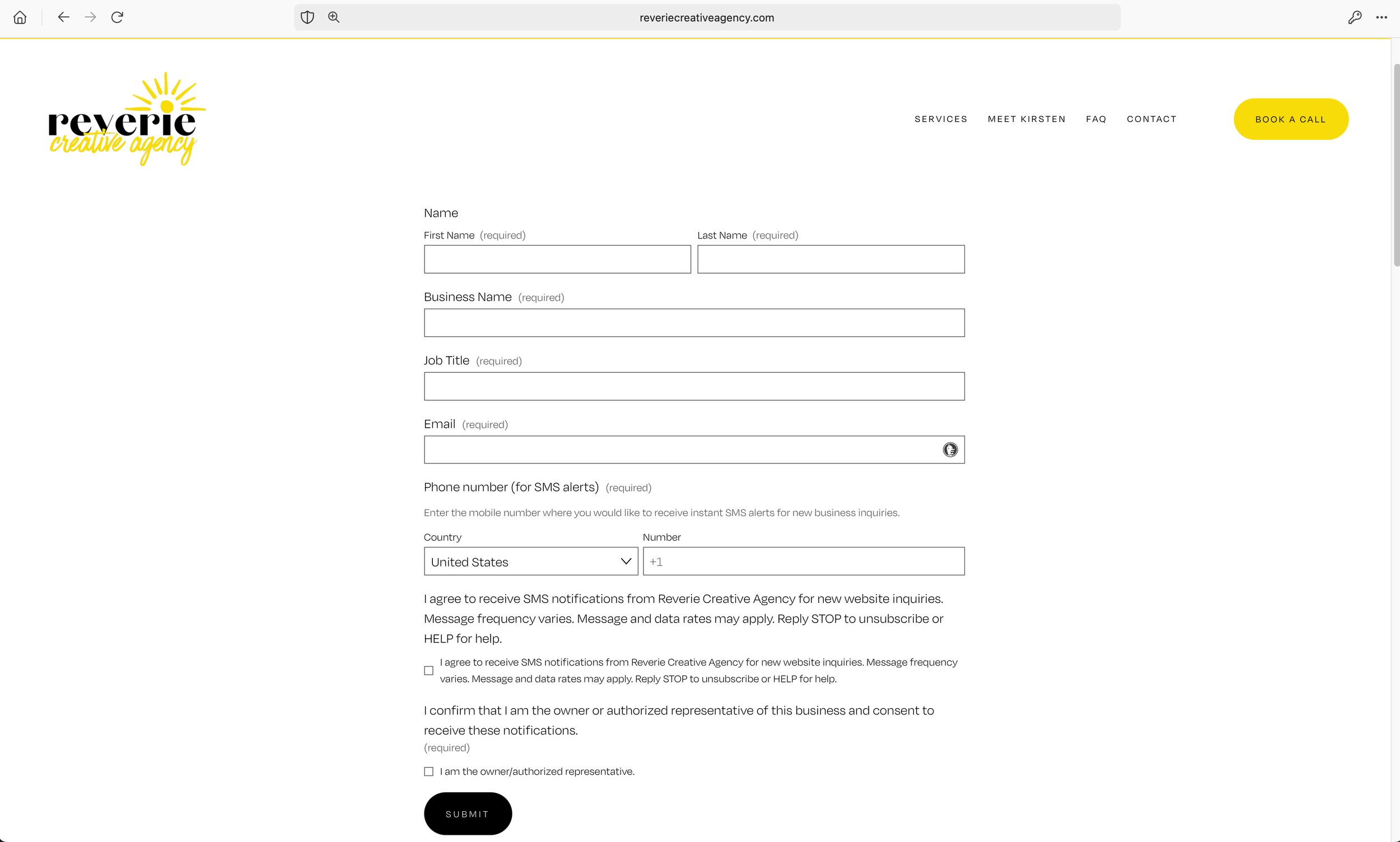 Web form page for Reverie Creative Agency with fields for name, business information, contact details, and consent checkboxes, featuring a yellow 'Book a Call' button in the top right corner.