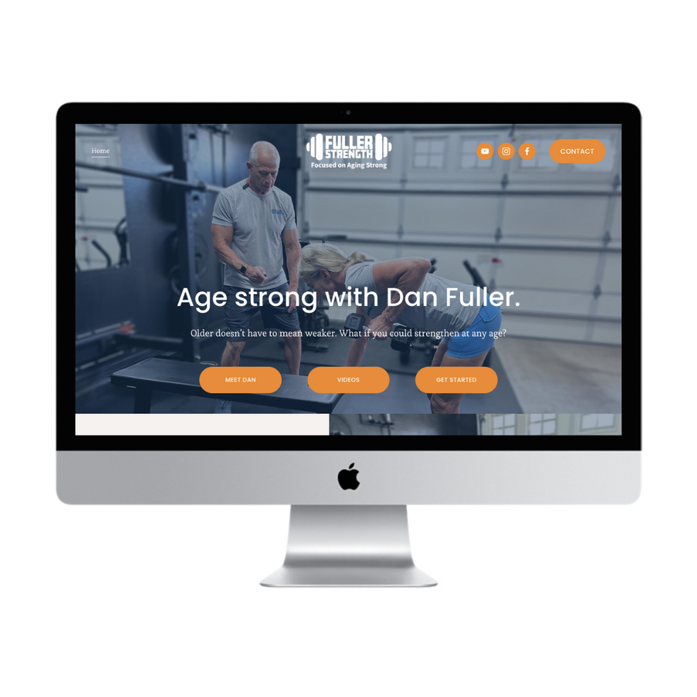 Website homepage for Fuller Strength, featuring an older man and a woman working out in a gym. The text promotes strength training for aging adults and includes navigation options and a contact button.