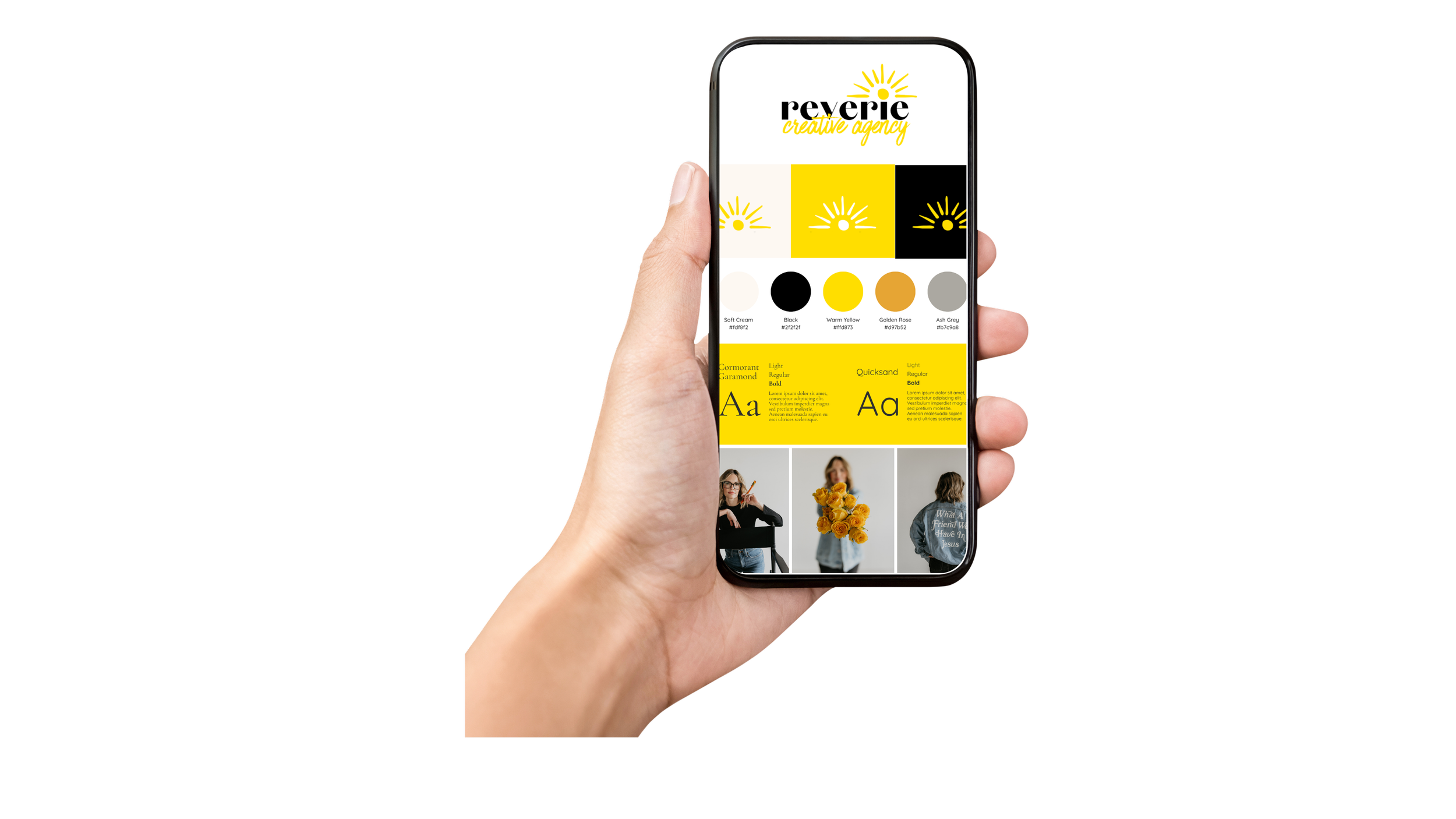A hand holding a smartphone displaying a creative agency's branding and design portfolio, including color swatches, typography samples, and images of people and flowers.