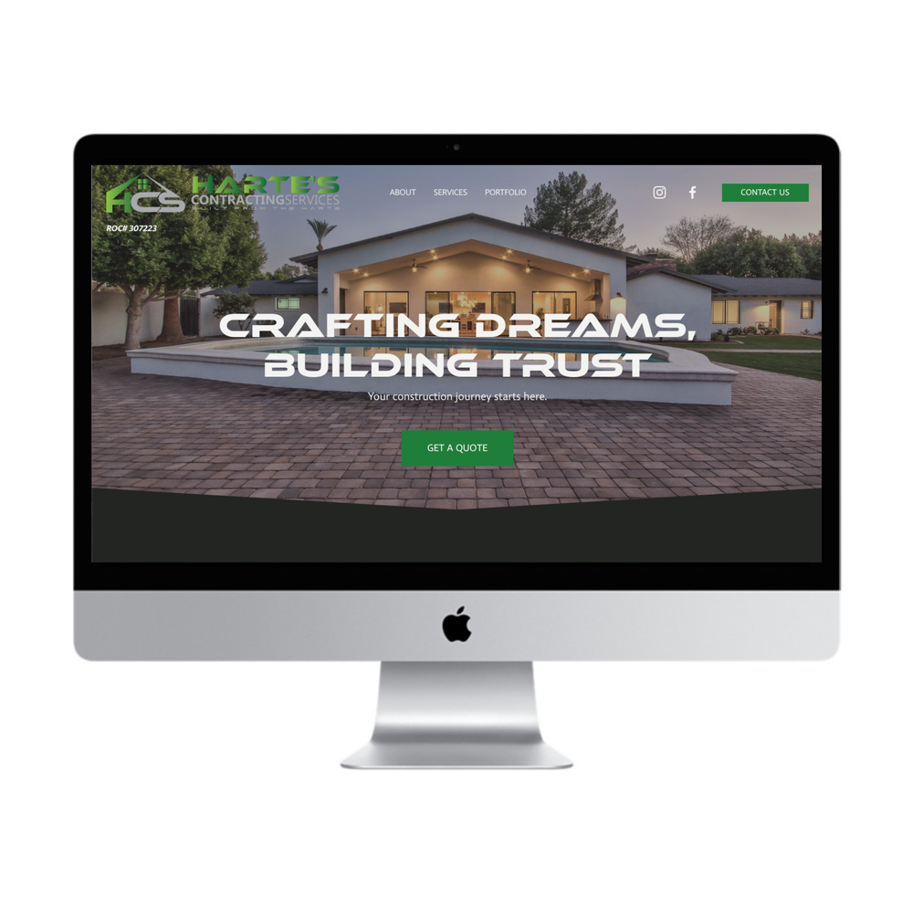 Homepage of Hartes Contracting Services website on an iMac screen, showing a modern house with the text 'Crafting Dreams, Building Trust' and a green 'Get a Quote' button.