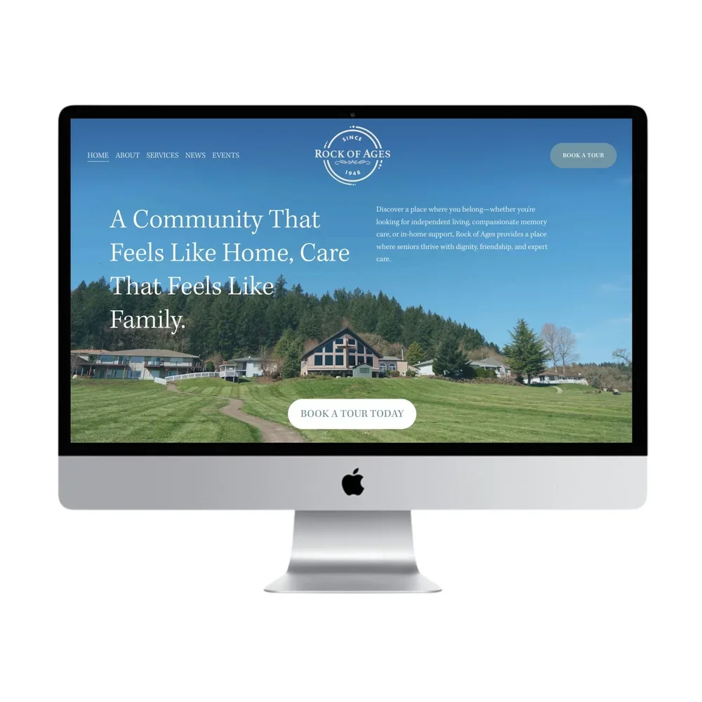 Custom website design for Rock of Ages senior living community, by Reverie Creative Agency.