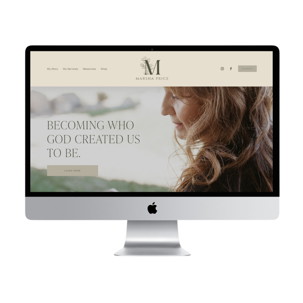 An iMac displaying a website with the title "Becoming Who God Created Us to Be" and a side profile of a woman with curly hair next to a body of water.