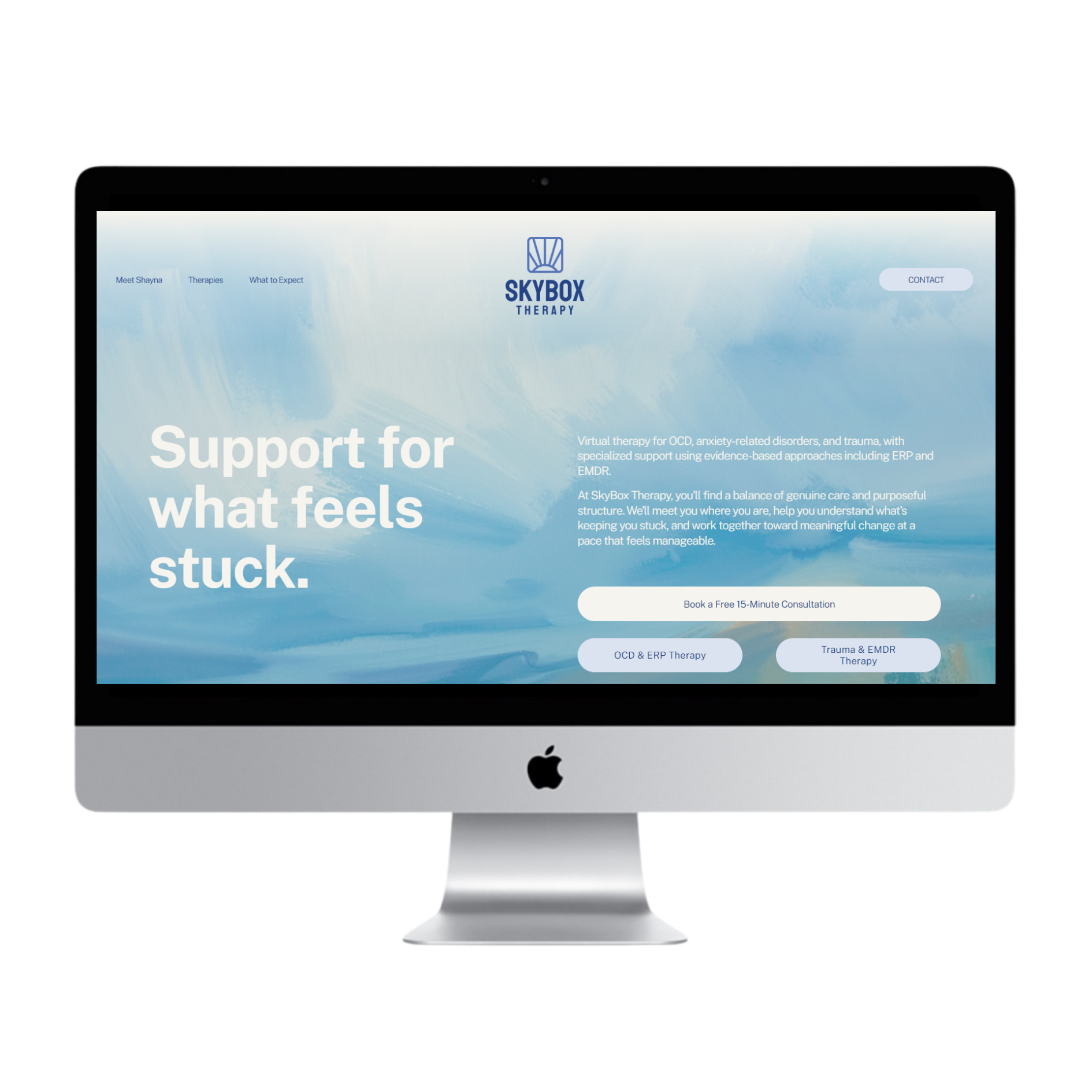 SkyBox Therapy custom website design mockup by Reverie Creative Agency, featuring a calming blue aesthetic, modern layout, and user-friendly navigation for a virtual therapy practice specializing in OCD, anxiety, trauma, ERP, and EMDR therapy.