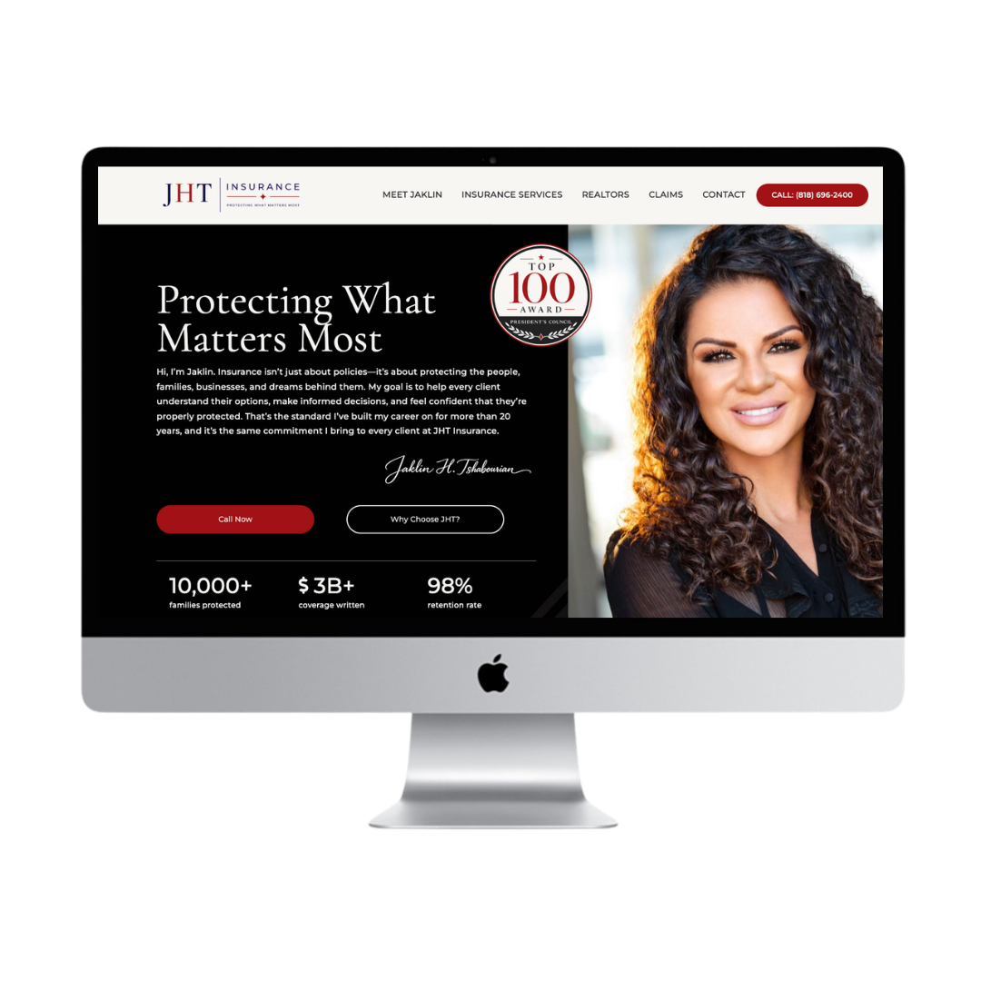 Custom insurance agency website design by Reverie Creative Agency for JHT Insurance in Glendale, California, featuring personal, business, commercial, and real estate insurance services.