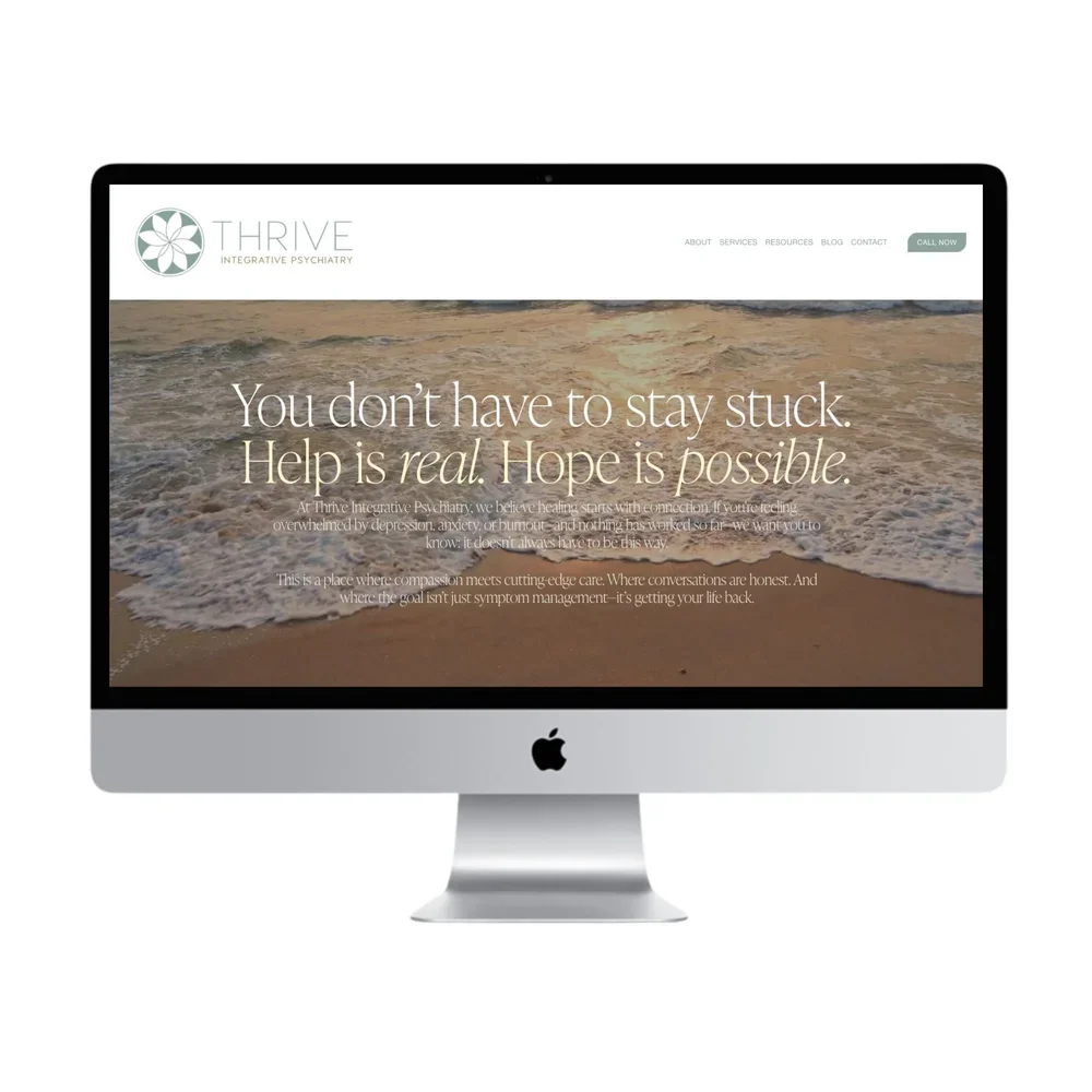 Custom website design for Thrive Integrative Psychiatry by Reverie Creative Agency.