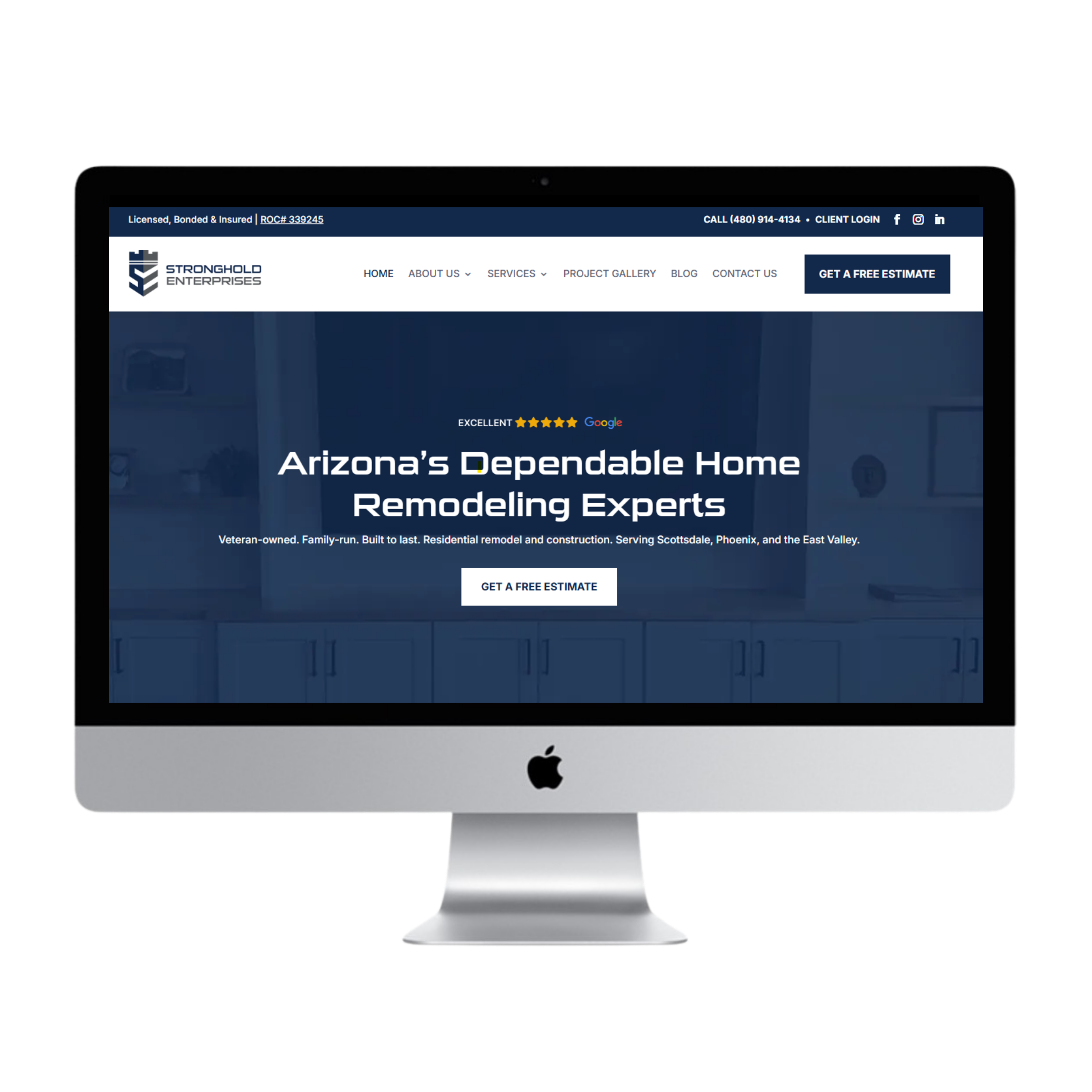 Desktop mockup of the Stronghold Enterprises LLC website, featuring a custom homepage design for a veteran-owned home remodeling and construction company serving Scottsdale, Phoenix, and the East Valley, Arizona.