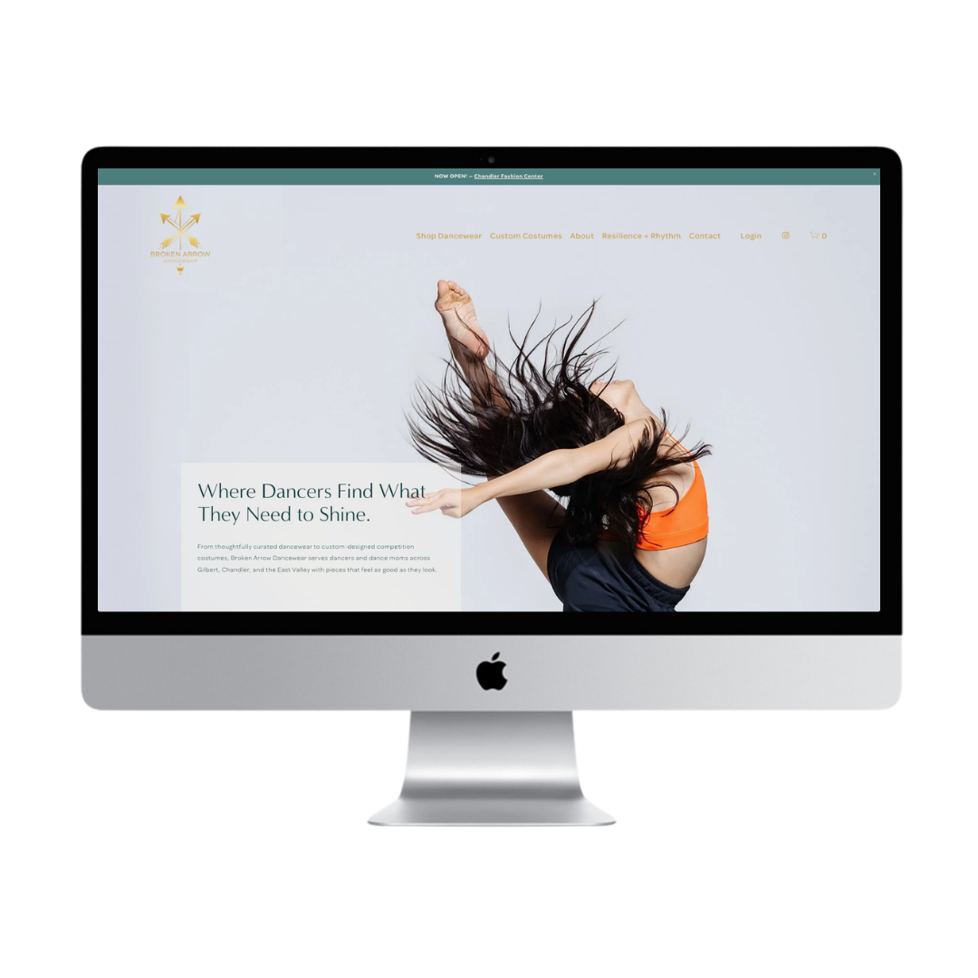 Custom e-commerce website design by Reverie Creative Agency for Broken Arrow Dancewear, serving dancers in Gilbert, Chandler, Queen Creek, and the East Valley with dancewear and custom competition costumes.