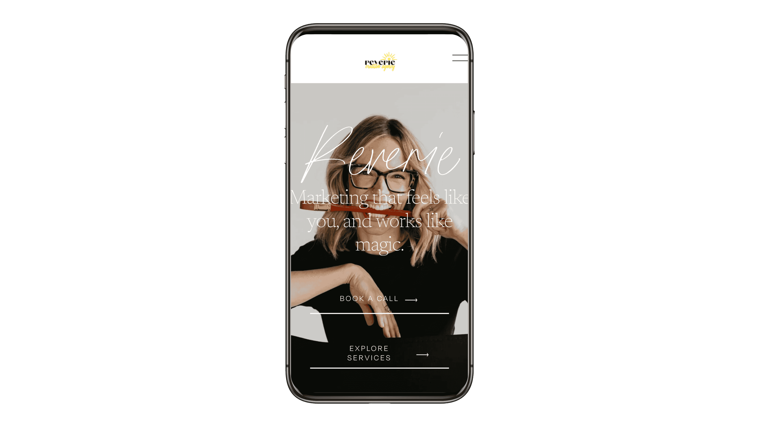Mobile phone displaying Reverie Creative Agency homepage, with 'Marketing that feels like you, and works like magic', and options to book a call or explore services.