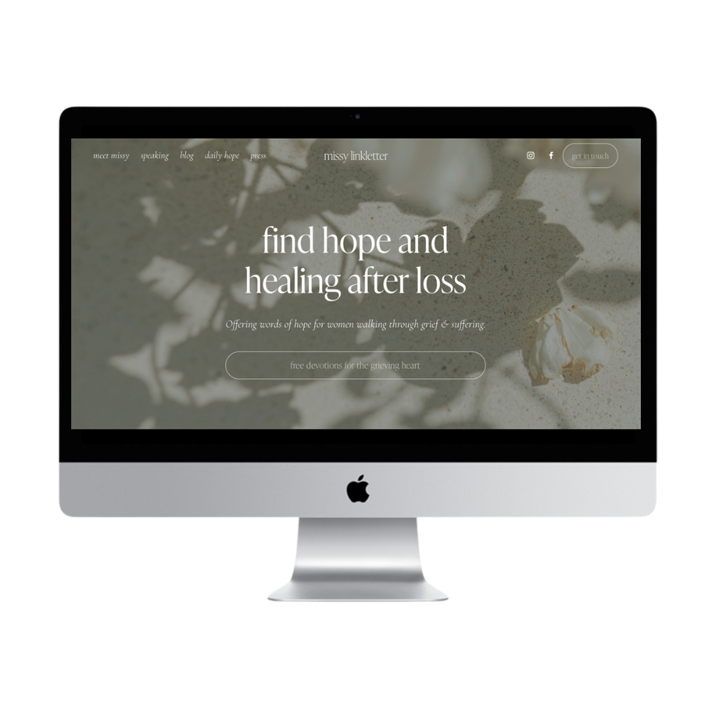 A computer monitor displaying a website for Missy Linkletter with the text "find hope and healing after loss" on a blurred background of beige and white flowers or petals.