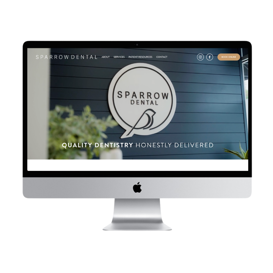 Website design mockup by Reverie Creative Agency for Sparrow Dental, a Sherwood, Oregon dental practice providing preventive, restorative, cosmetic, implant, and family dental care.