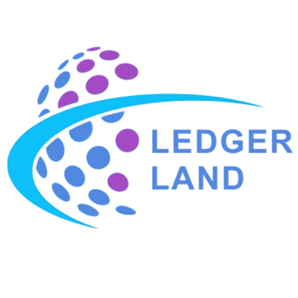 Logo for Leader Land with a curved blue arrow and purple and blue hexagons.