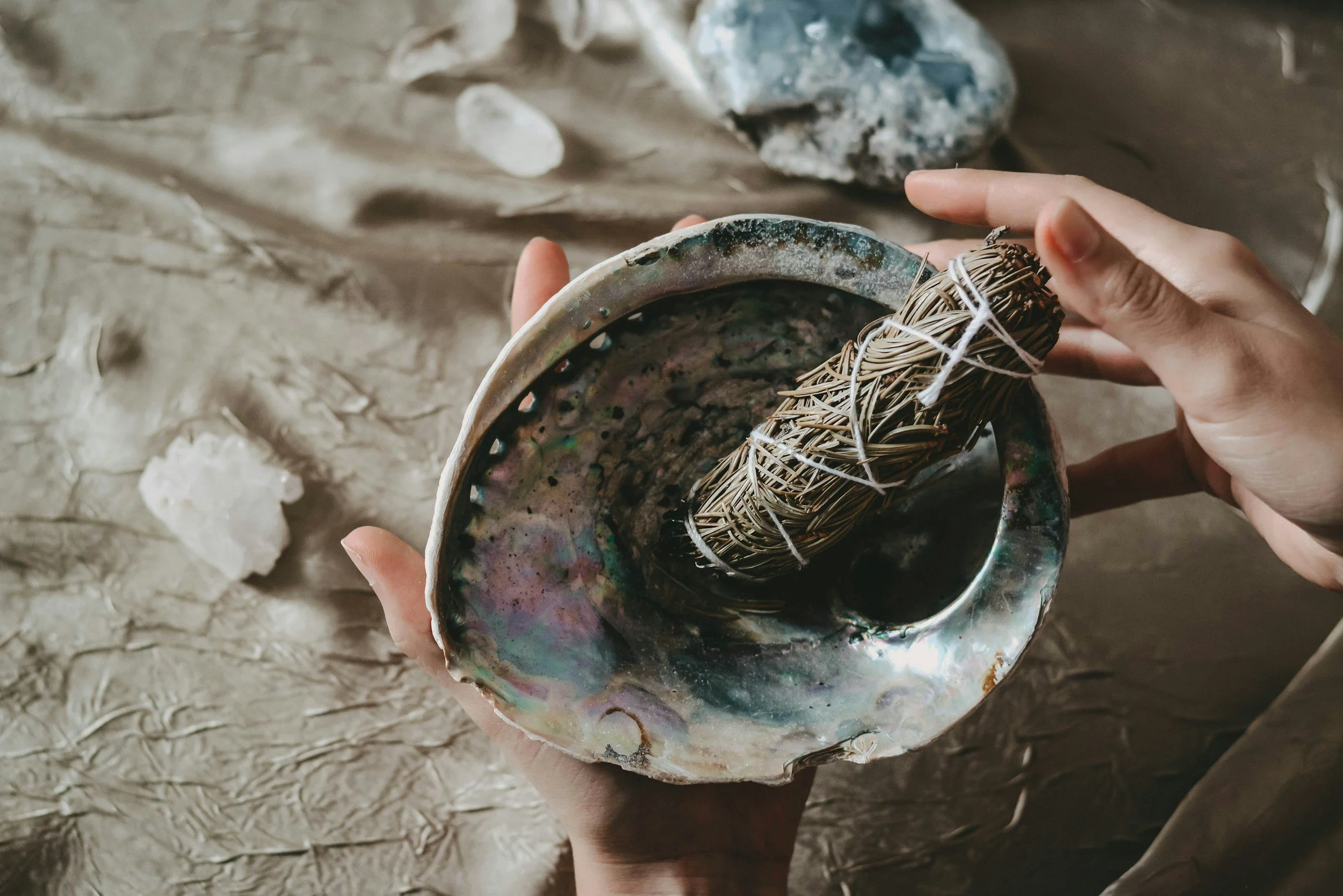 A person holding an abalone shell with a bundle of herbs or twigs inside, over a textured surface with rocks and clay.