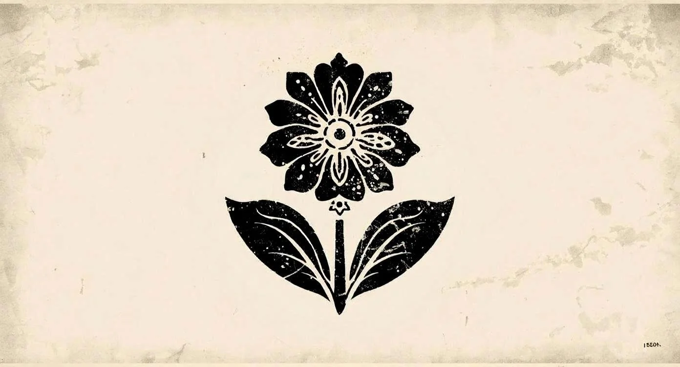 Black floral illustration of a flower with two leaves on a beige background.