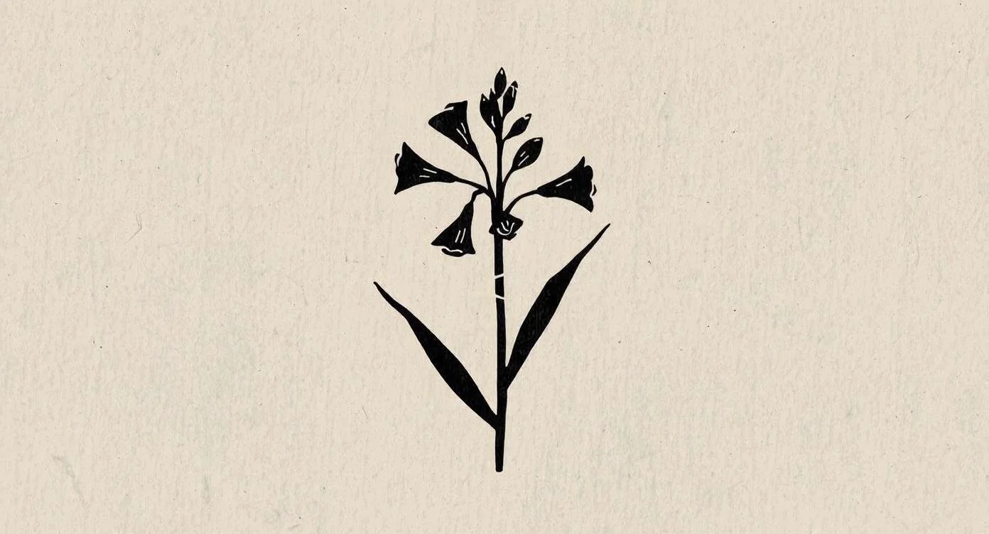 Black silhouette of a flowering plant with large trumpet-shaped flowers and long, pointed leaves on a light background.