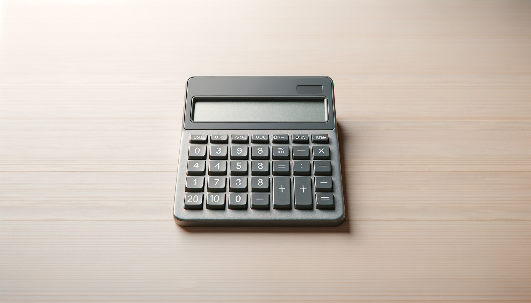 A gray calculator with a blank display on a light wood surface.