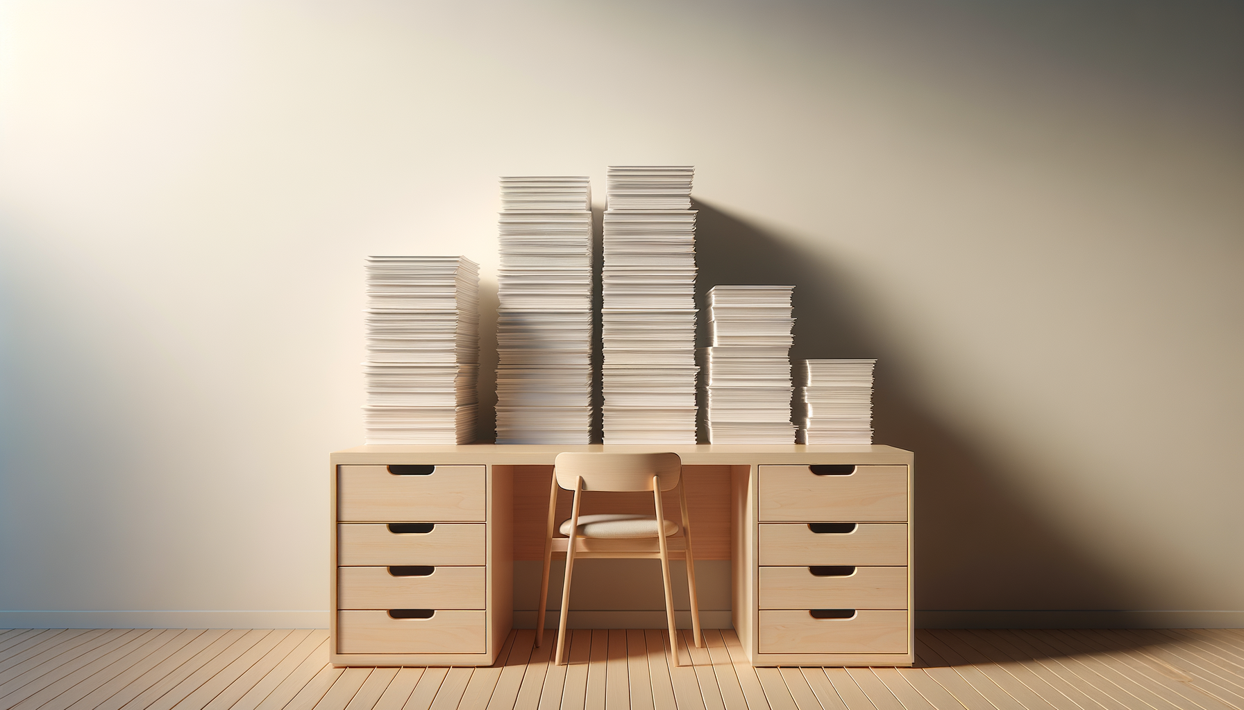 A wooden desk with numerous stacks of white papers arranged on top, and a wooden chair in front, against a plain wall.