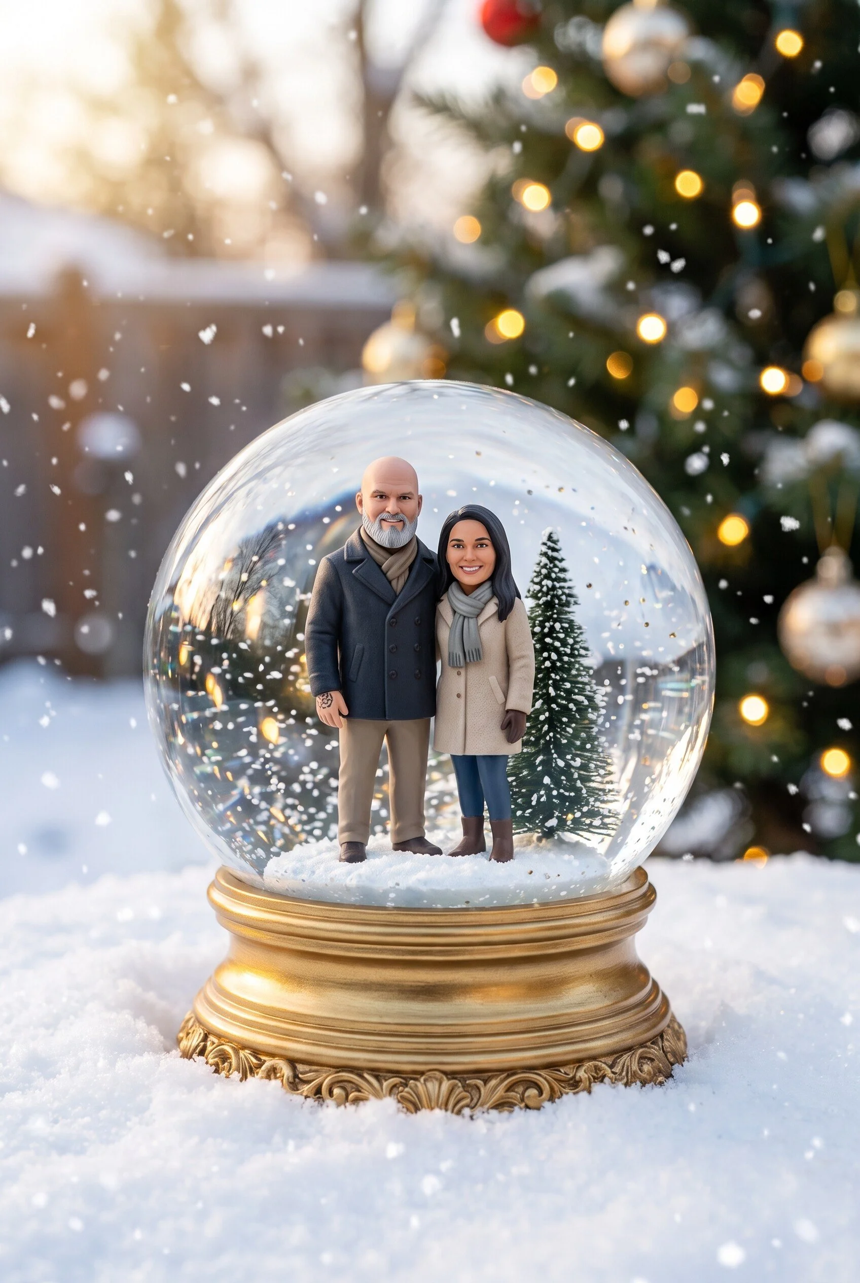 AI-generated snow globe keepsake portrait of a couple standing inside a glass globe with a snow-covered tree, created for Fort Worth Photo Booth Company's Snow Globe Wonderland holiday experience