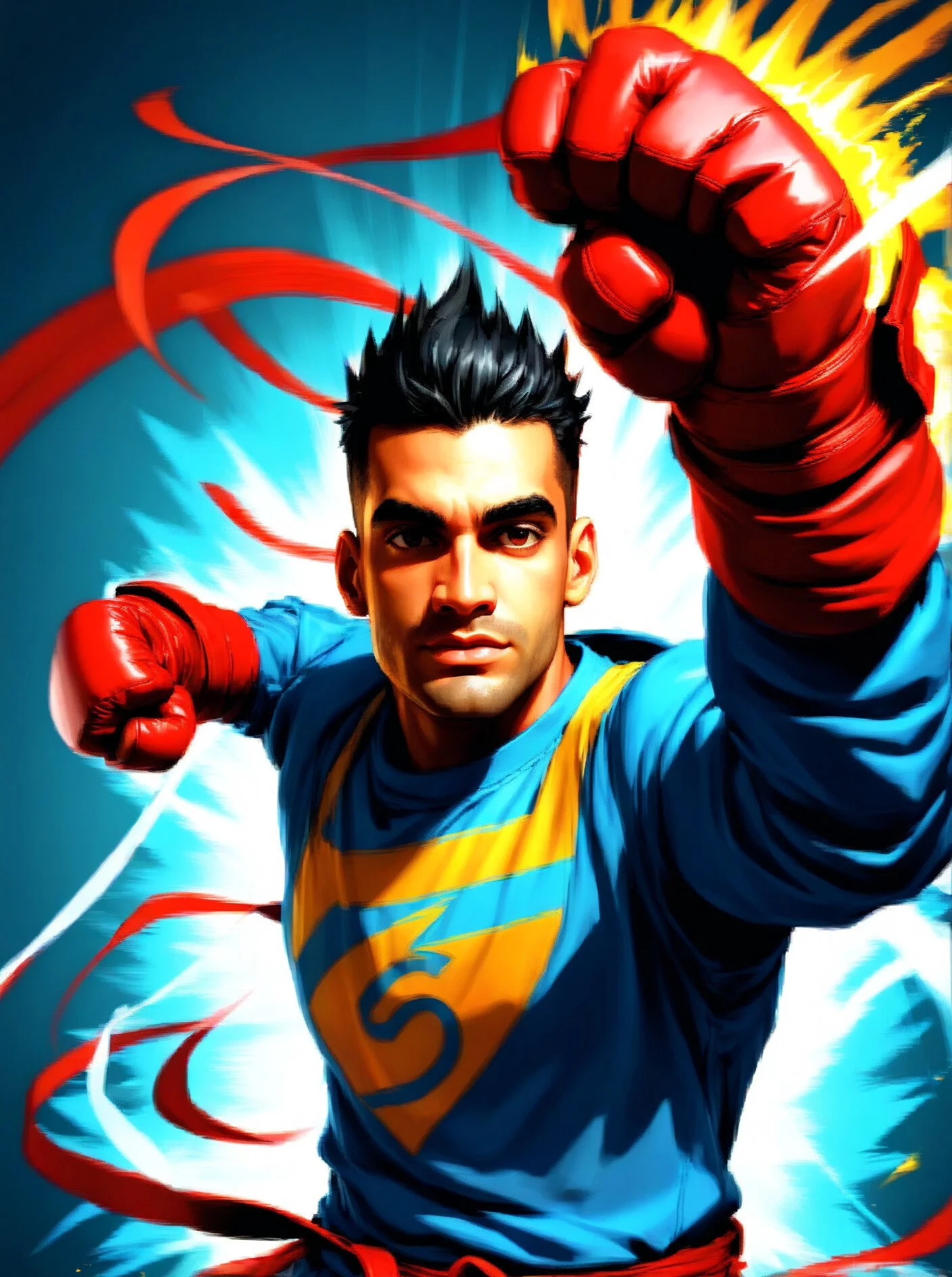 A person dressed as a superhero with a blue shirt featuring a yellow lightning bolt symbol, red gloves, and with fists raised in a dynamic pose. The background includes bright colors and motion lines, giving an energetic and powerful appearance.