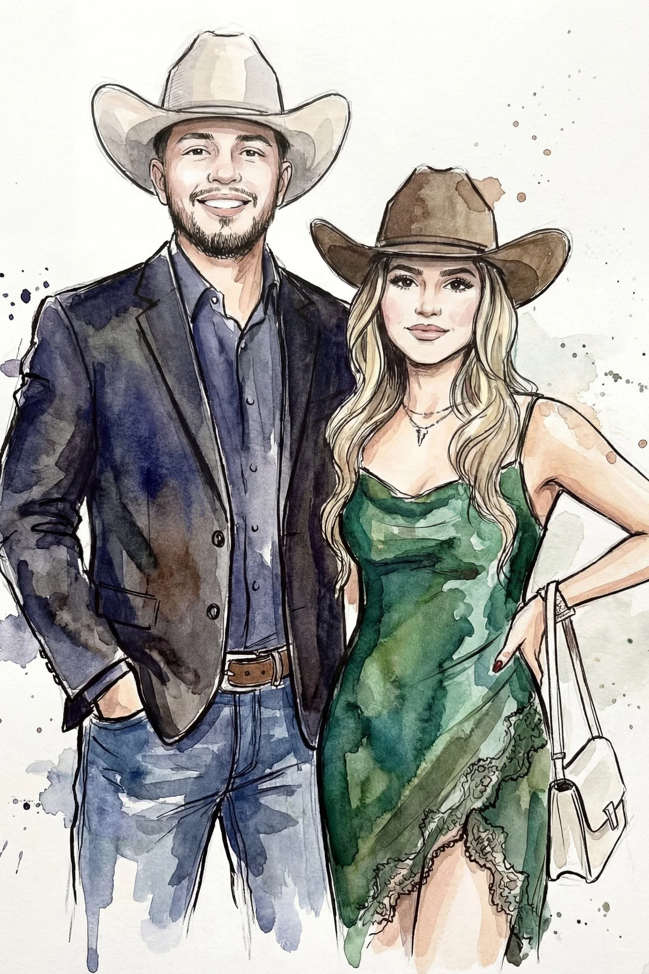 Illustration of a man and woman wearing cowboy hats, dressed in western-style clothing, standing close together, with watercolor effects and splashes in the background.
