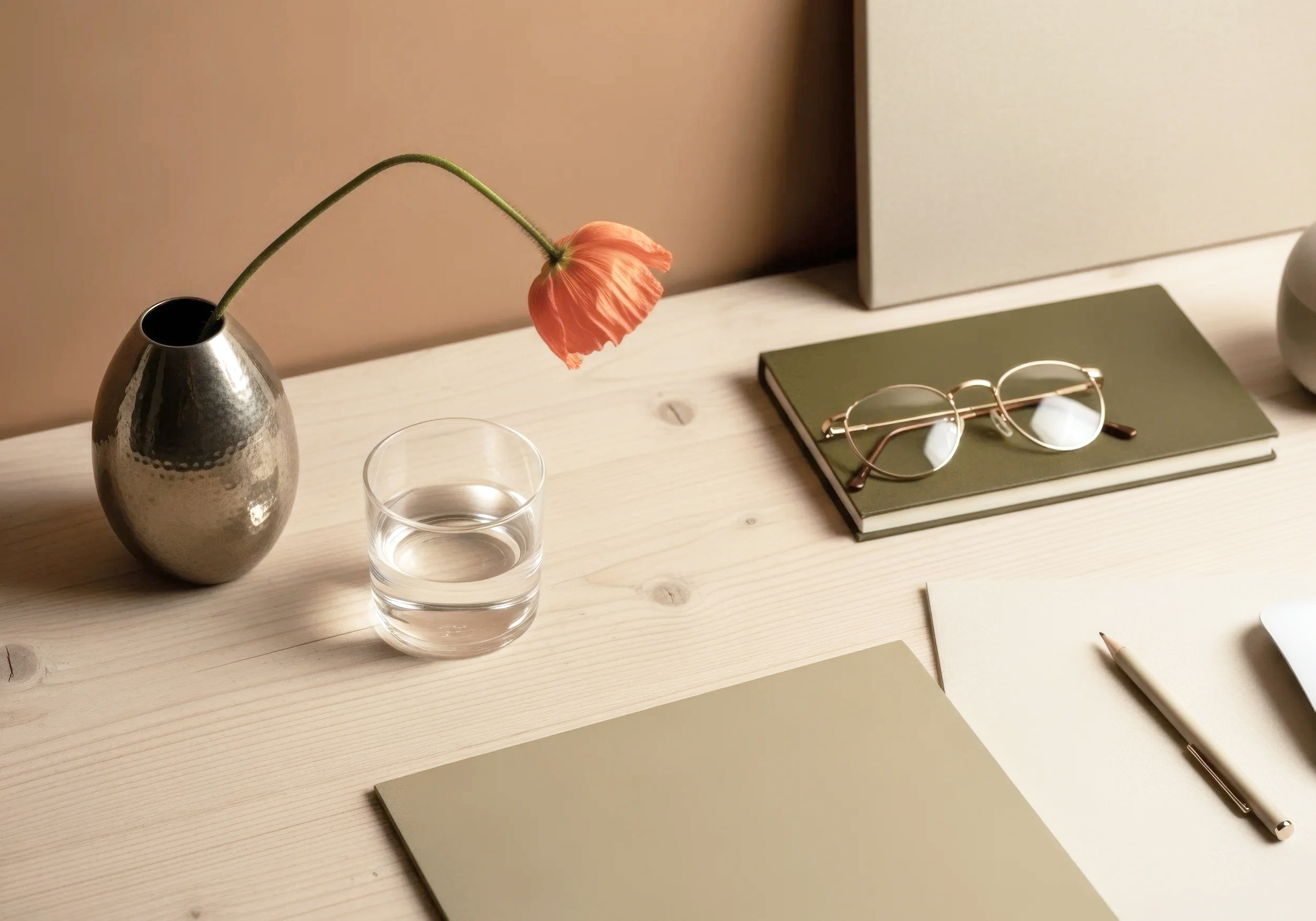 Desk with a silver vase holding a pink flower, a glass of water, closed green notebook with eyeglasses on top, a beige notebook, a pen, and a laptop.